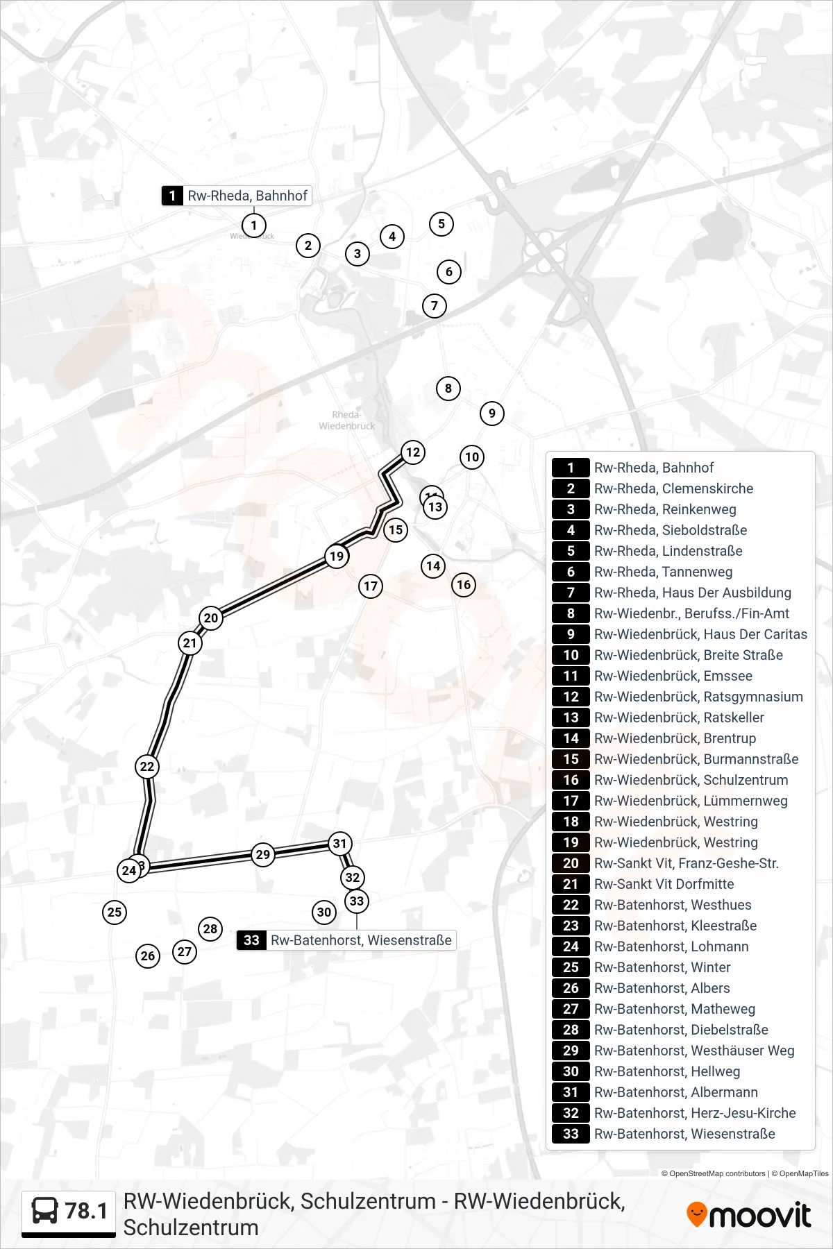 78.1 bus Line (Rw-Batenhorst, Wiesenstraße) route and stops on a map