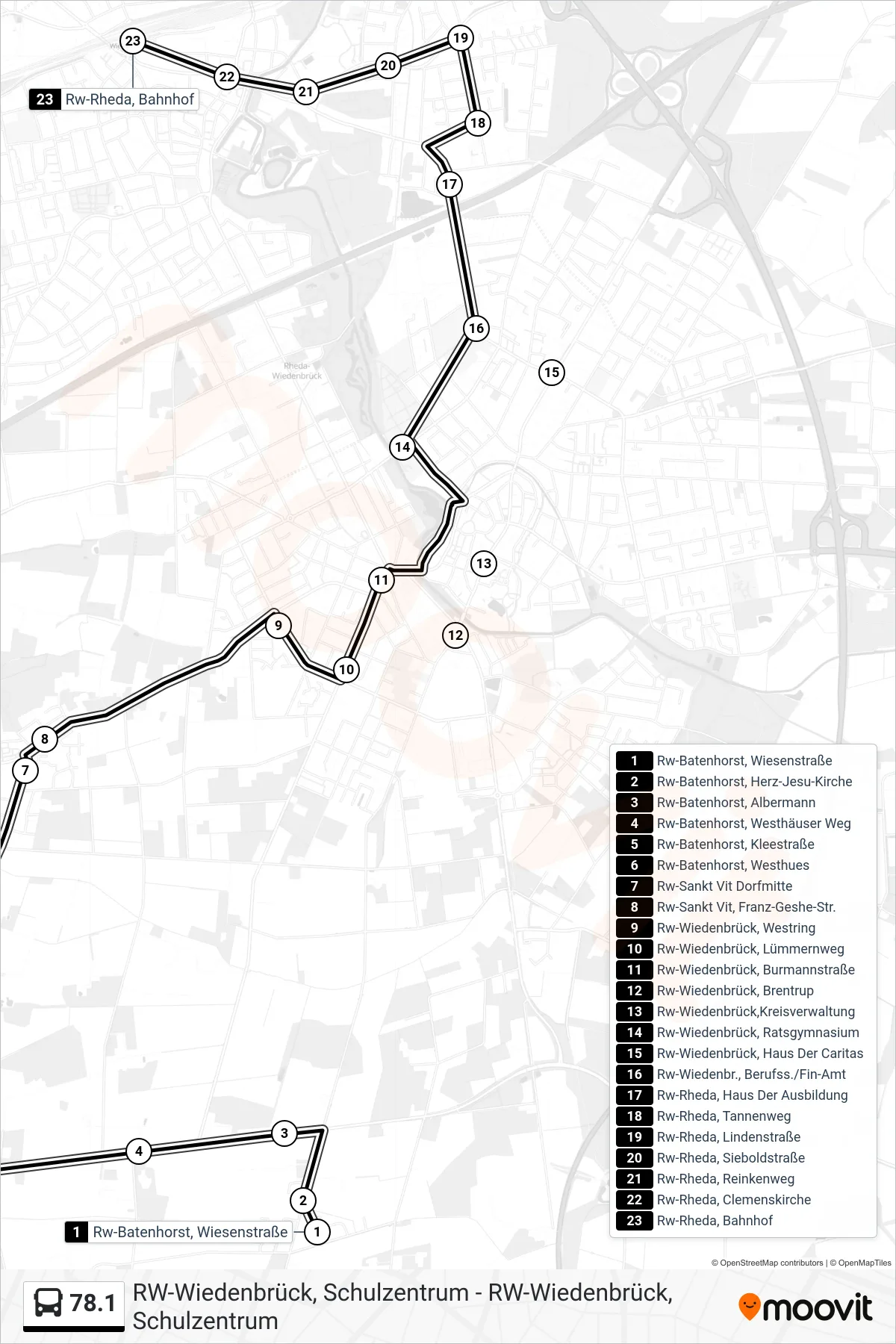 78.1 bus Line (Rw-Rheda, Bahnhof) route and stops on a map