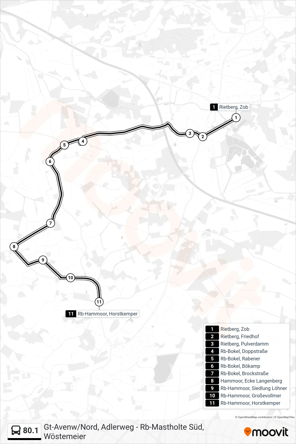 80.1 bus Line (Rb-Hammoor, Horstkemper) route and stops on a map