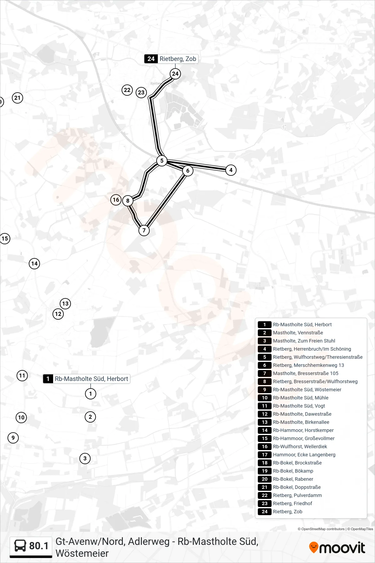 80.1 bus Line (Rietberg, Zob) route and stops on a map