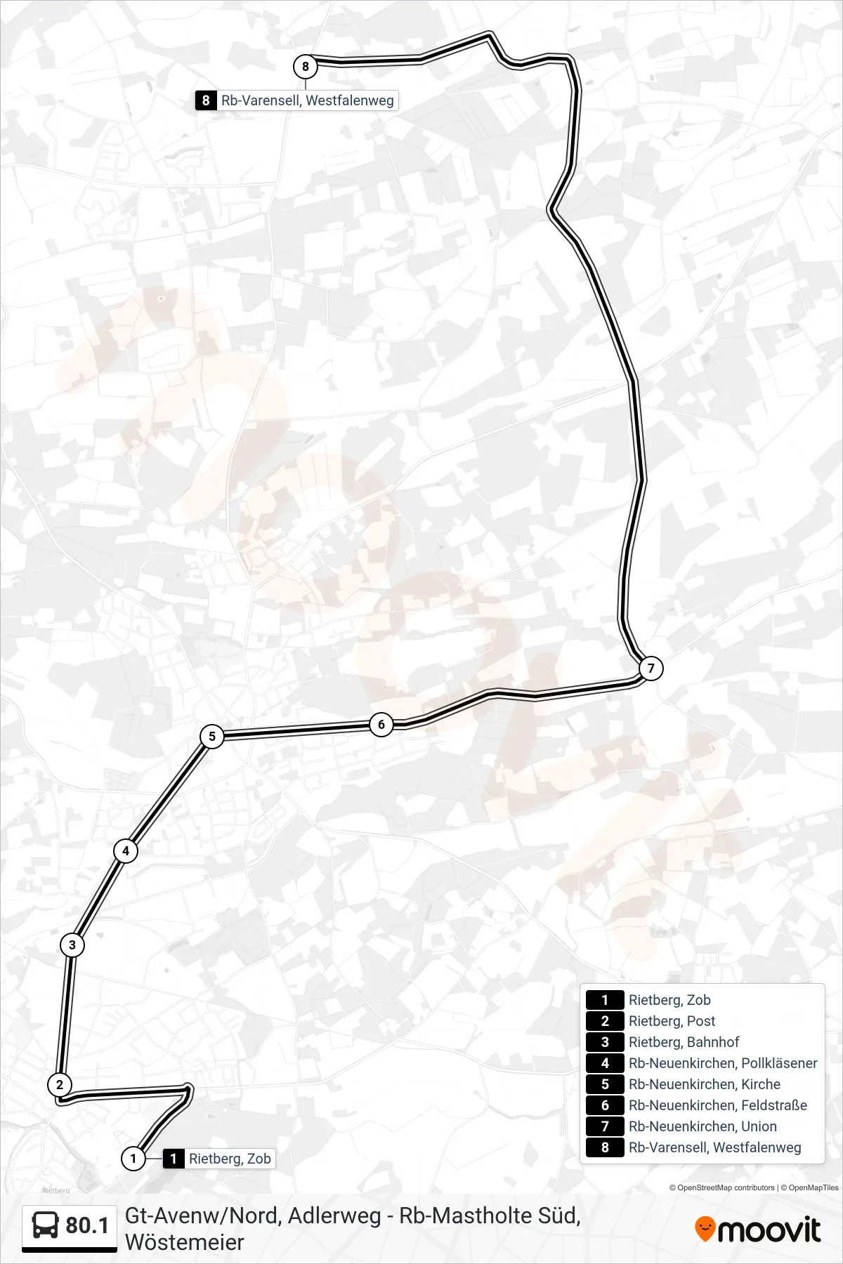 Linie 80.1 (Bus) Richtung Rb-Varensell, Westfalenweg: Route und Haltestellen auf der Karte