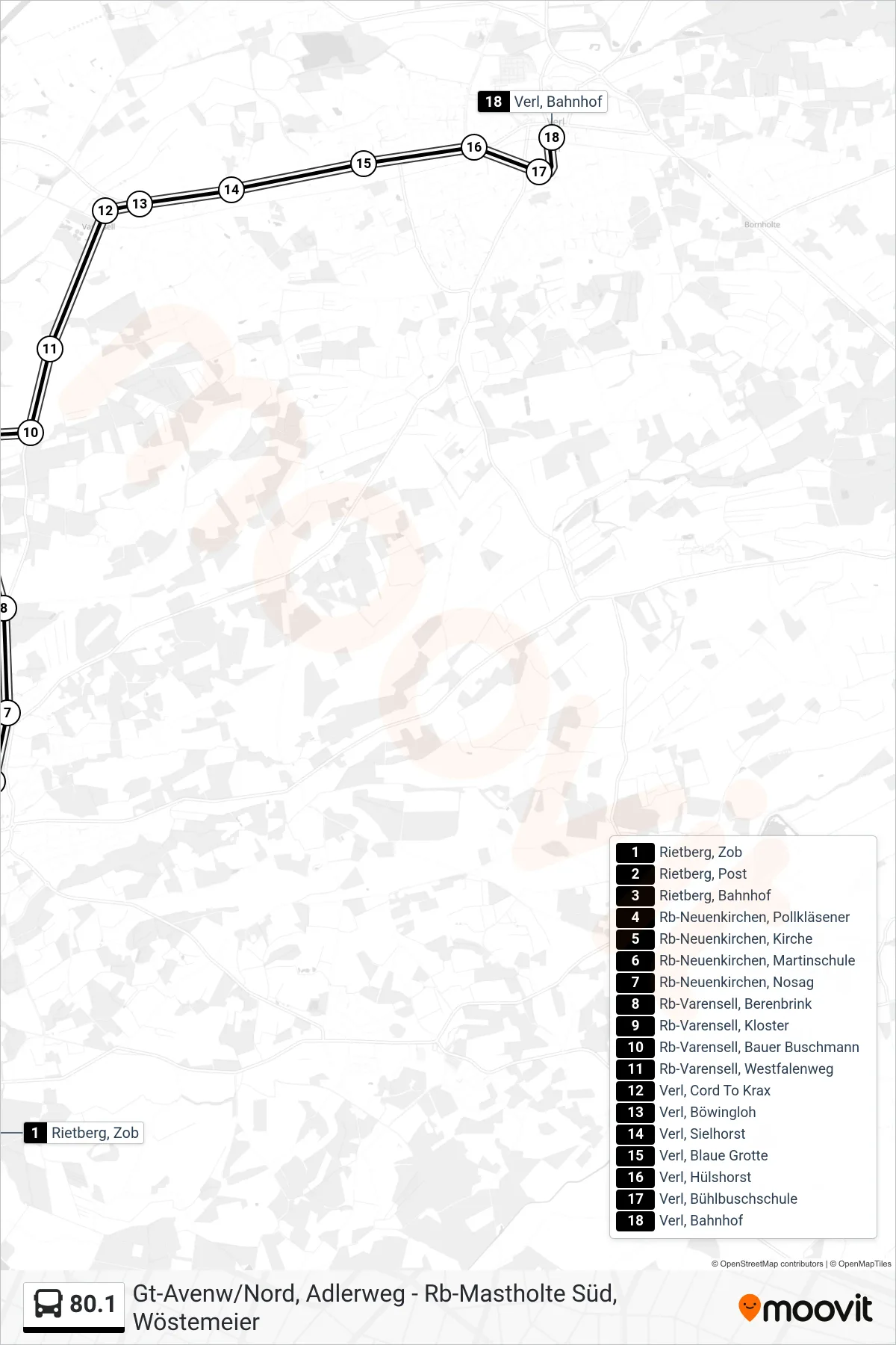 80.1 bus Line (Verl, Bahnhof) route and stops on a map