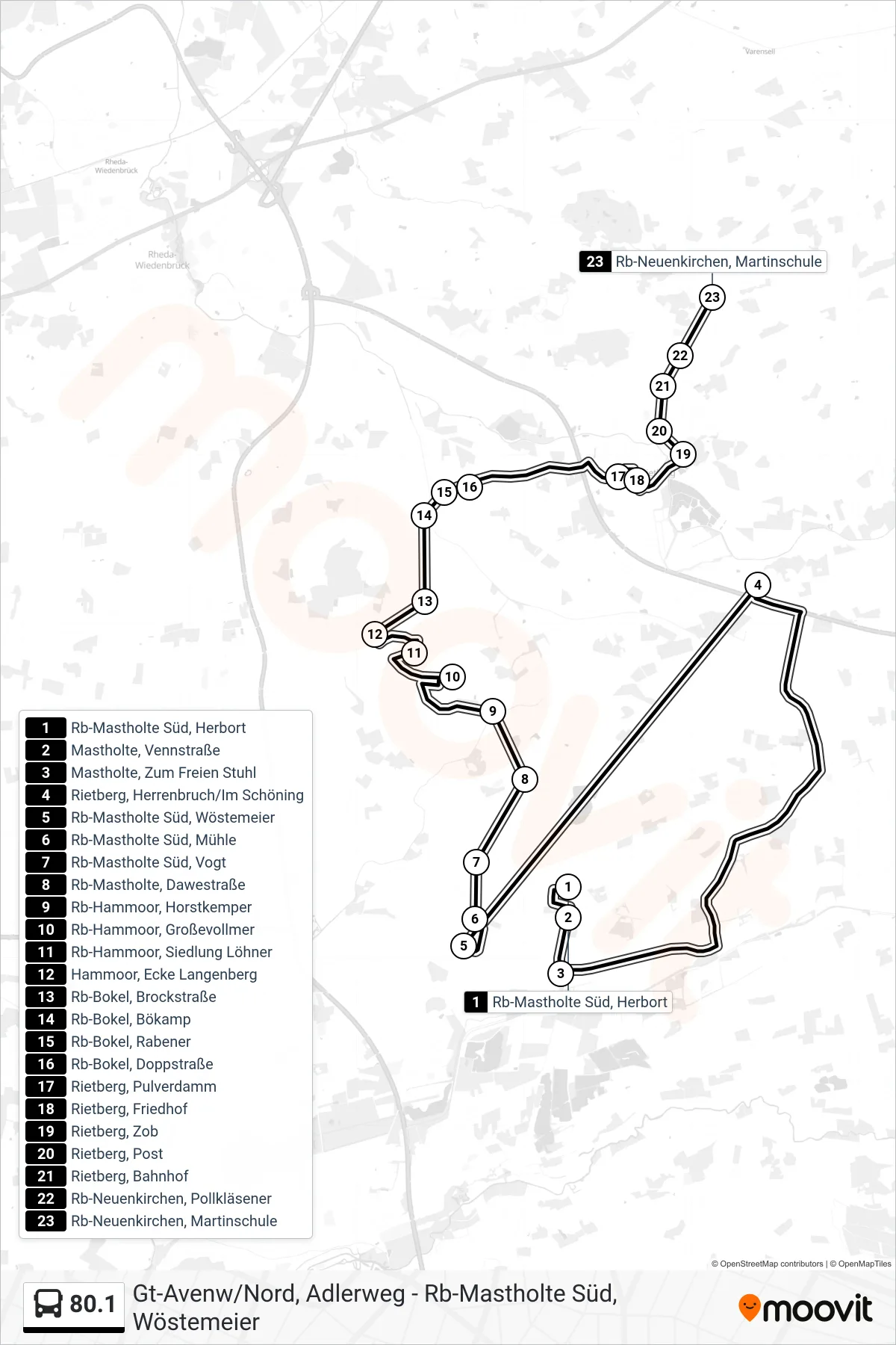80.1 bus Line (Rb-Neuenkirchen, Martinschule) route and stops on a map