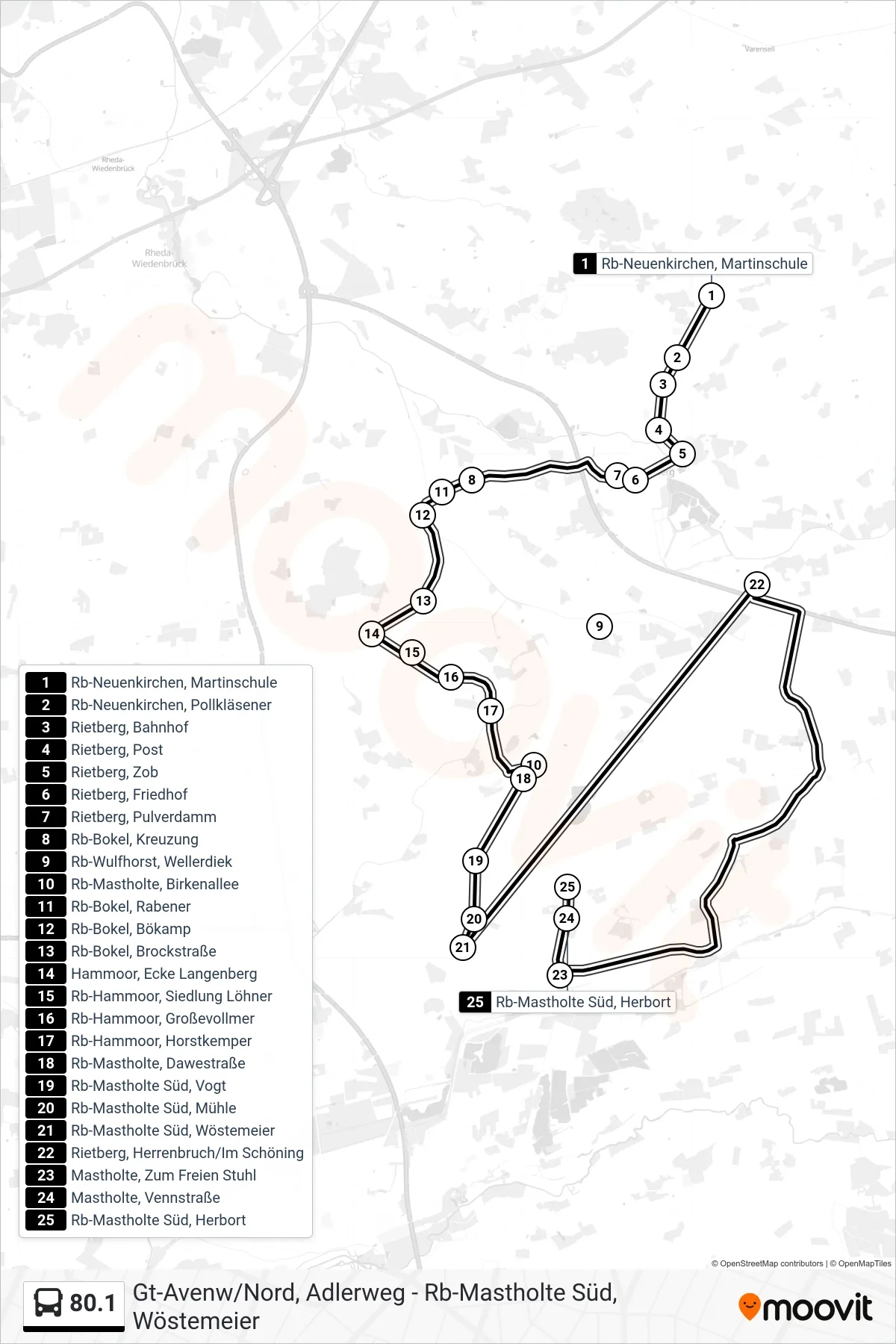 80.1 bus Line (Rb-Mastholte Süd, Herbort) route and stops on a map