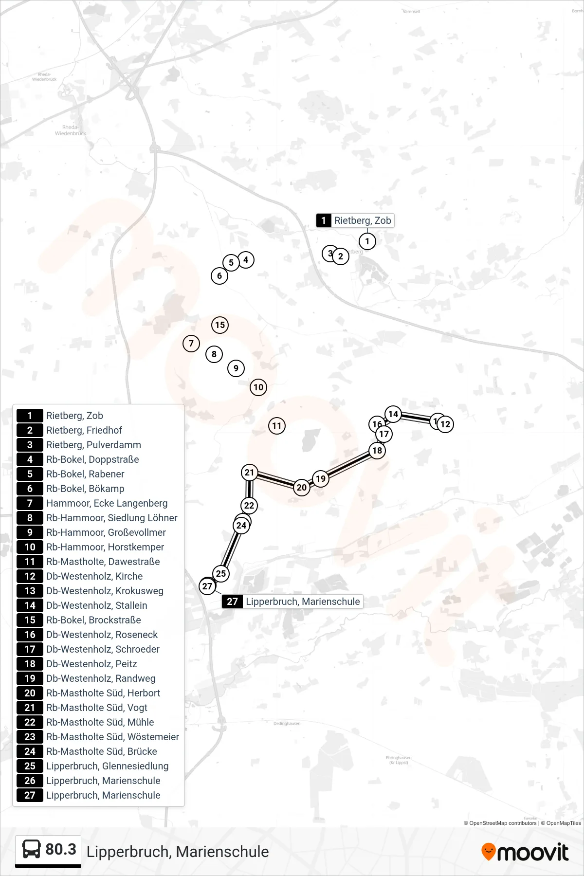 80.3 bus Line (Lipperbruch, Marienschule) route and stops on a map