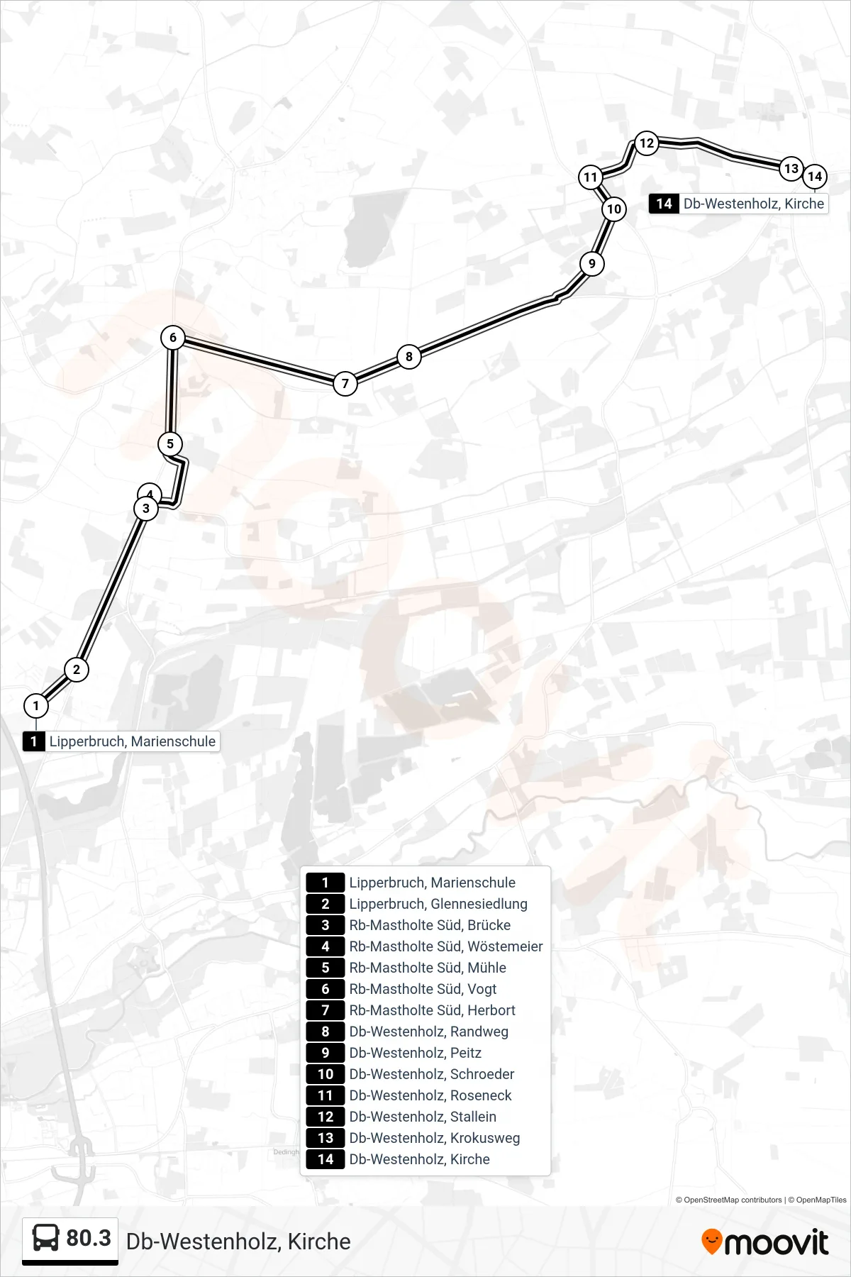 Linie 80.3 (Bus) Richtung Db-Westenholz, Kirche: Route und Haltestellen auf der Karte
