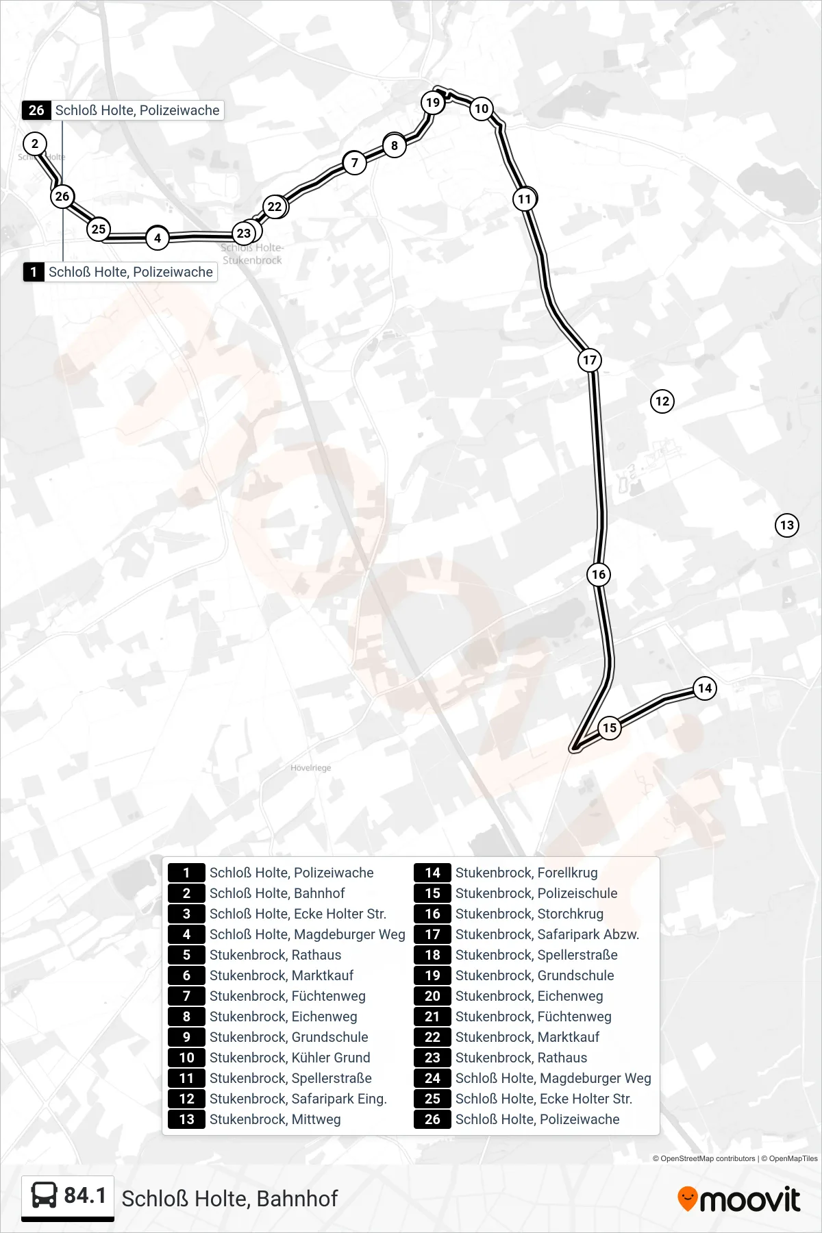 84.1 bus Line (Schloß Holte, Bahnhof) route and stops on a map