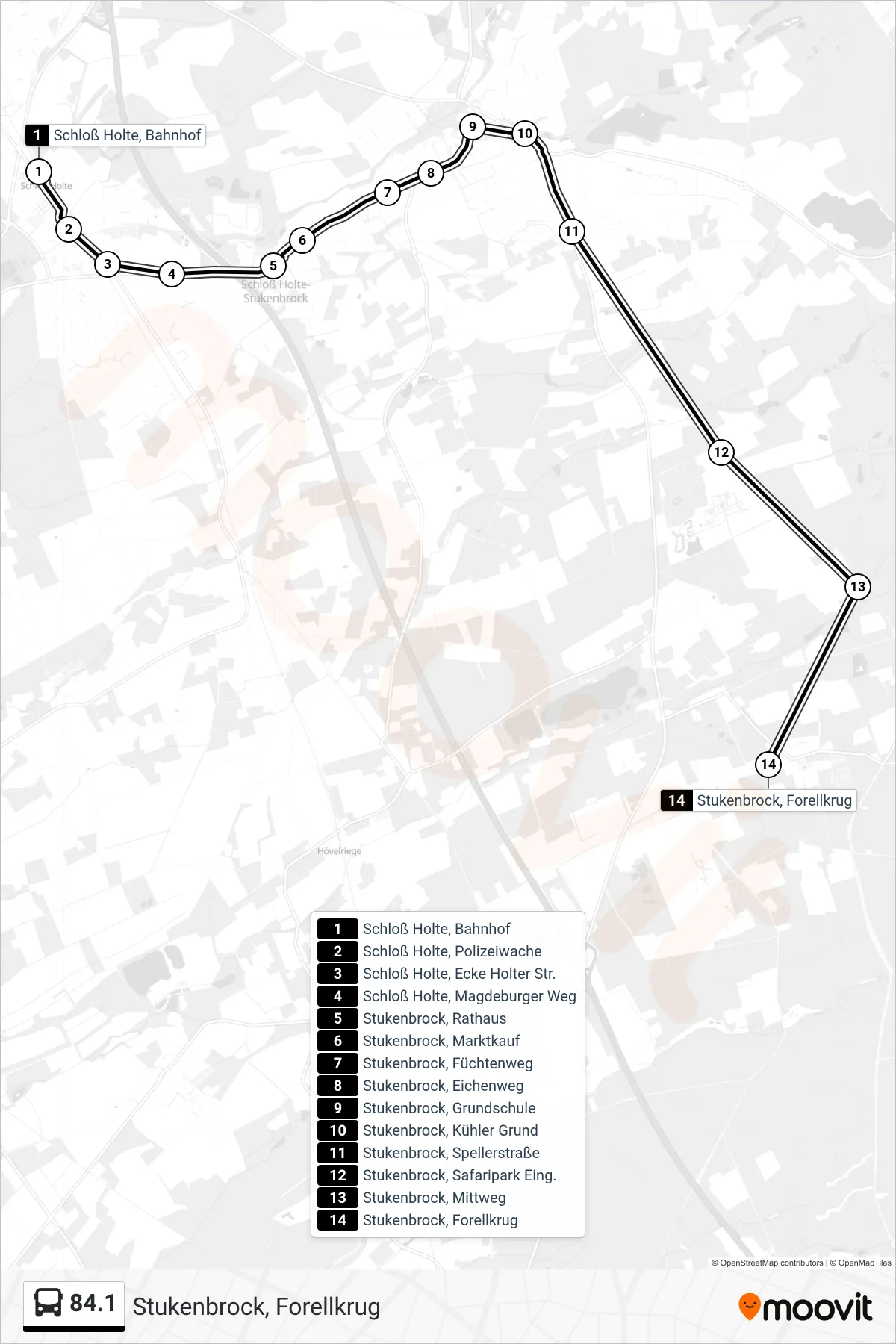 84.1 bus Line (Stukenbrock, Forellkrug) route and stops on a map