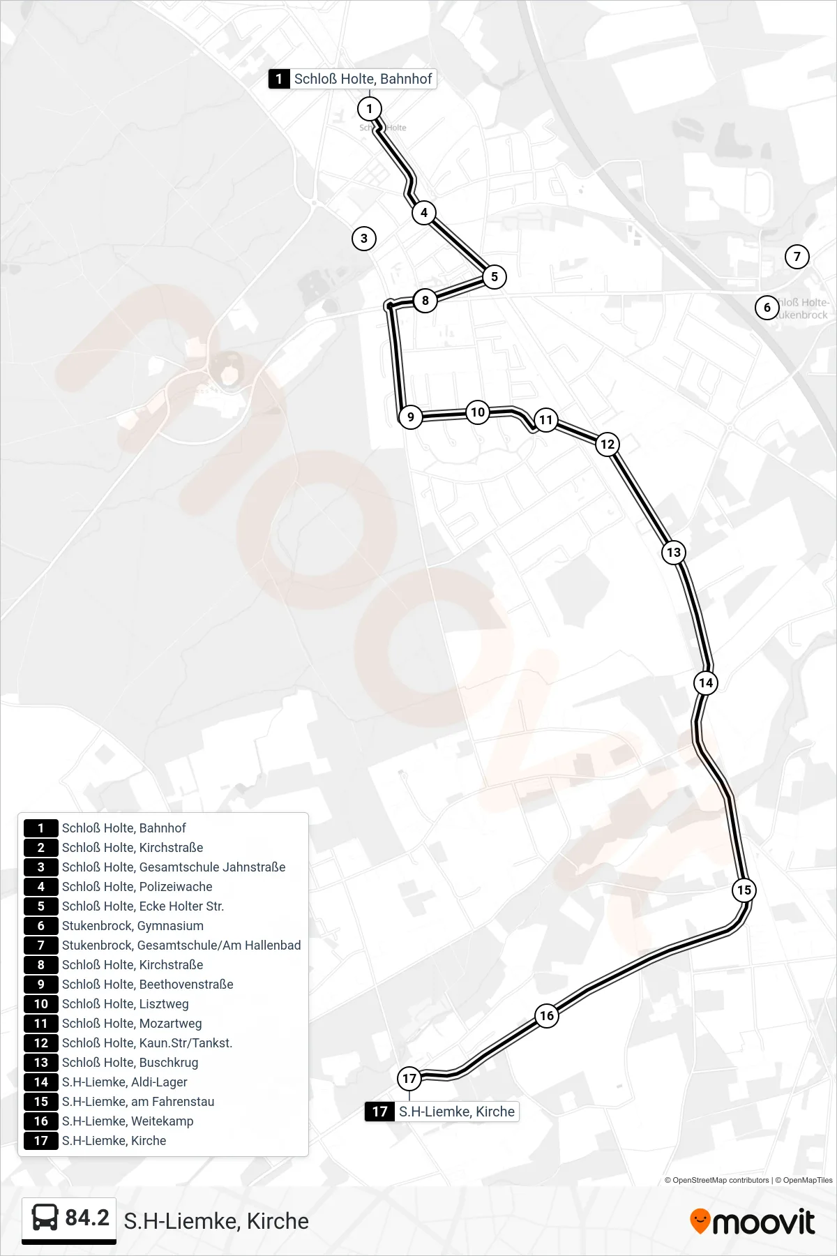 84.2 bus Line (S.H-Liemke, Kirche) route and stops on a map