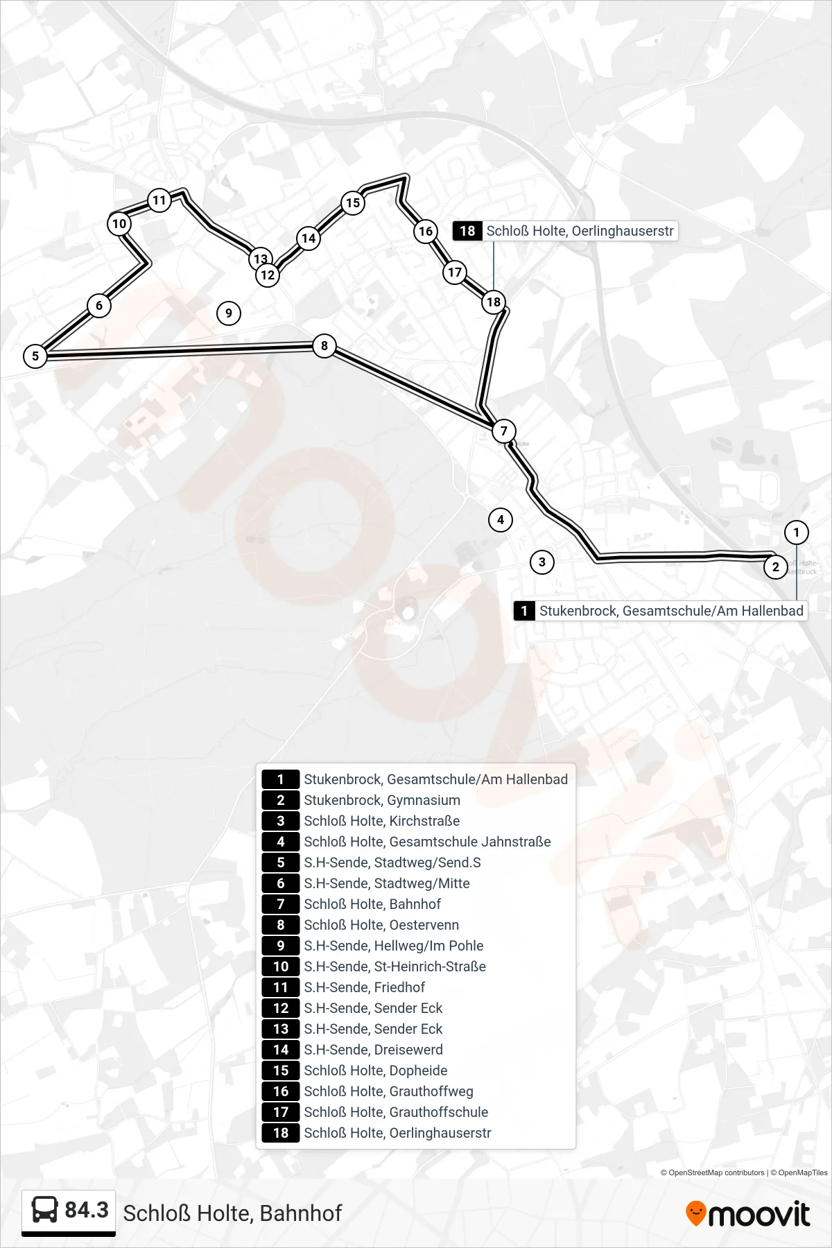 Linie 84.3 (Bus) Richtung Schloß Holte, Bahnhof: Route und Haltestellen auf der Karte