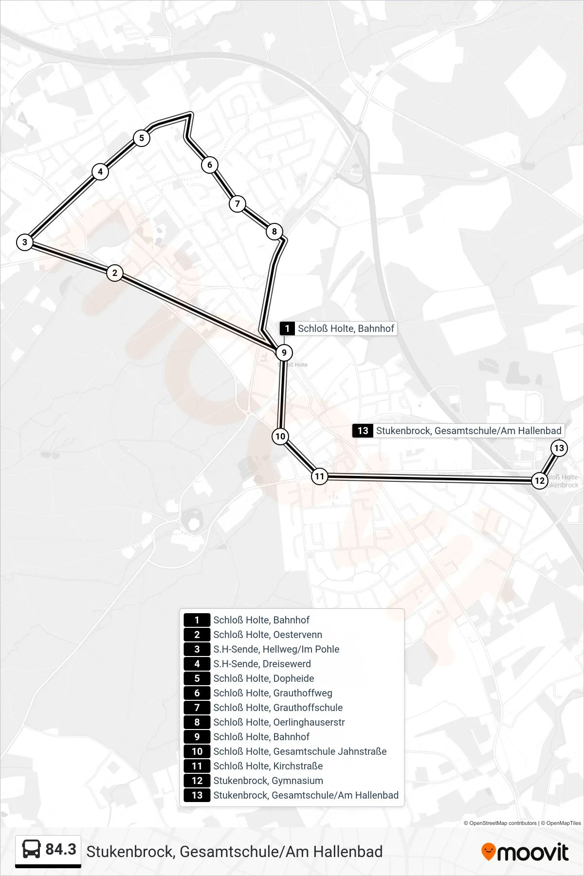 84.3 bus Line (Stukenbrock, Gesamtschule/Am Hallenbad) route and stops on a map