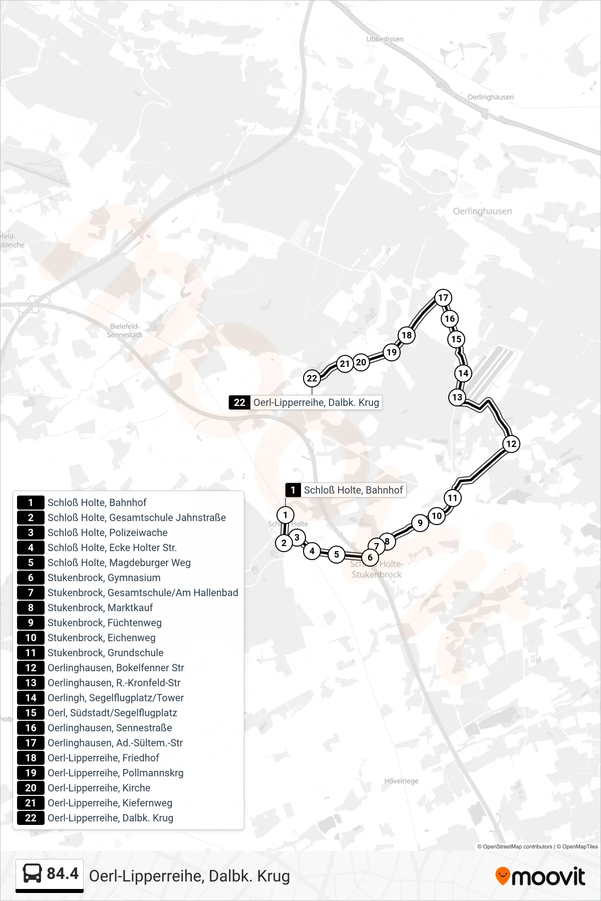 Linie 84.4 (Bus) Richtung Oerl-Lipperreihe, Dalbk. Krug: Route und Haltestellen auf der Karte
