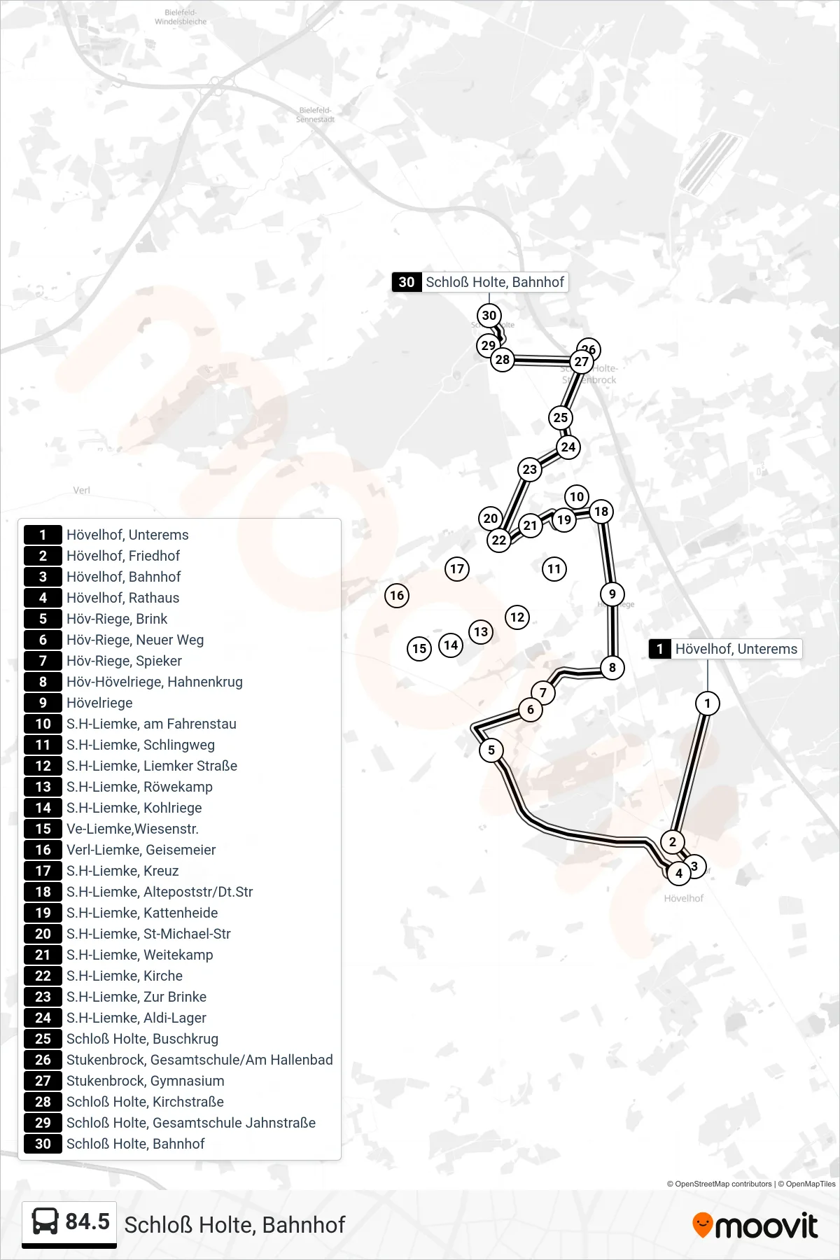 84.5 bus Line (Schloß Holte, Bahnhof) route and stops on a map