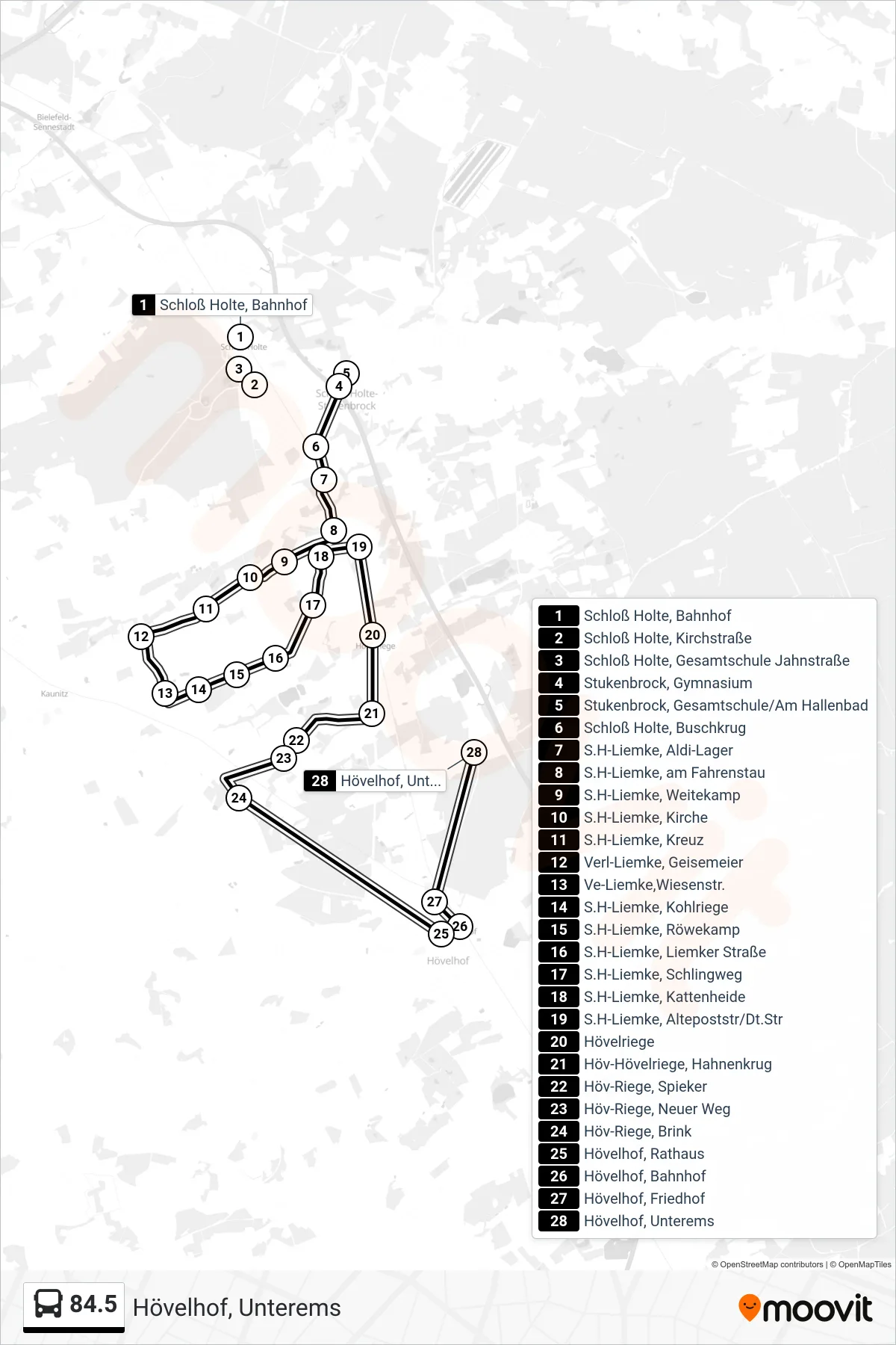 Linie 84.5 (Bus) Richtung Hövelhof, Unterems: Route und Haltestellen auf der Karte