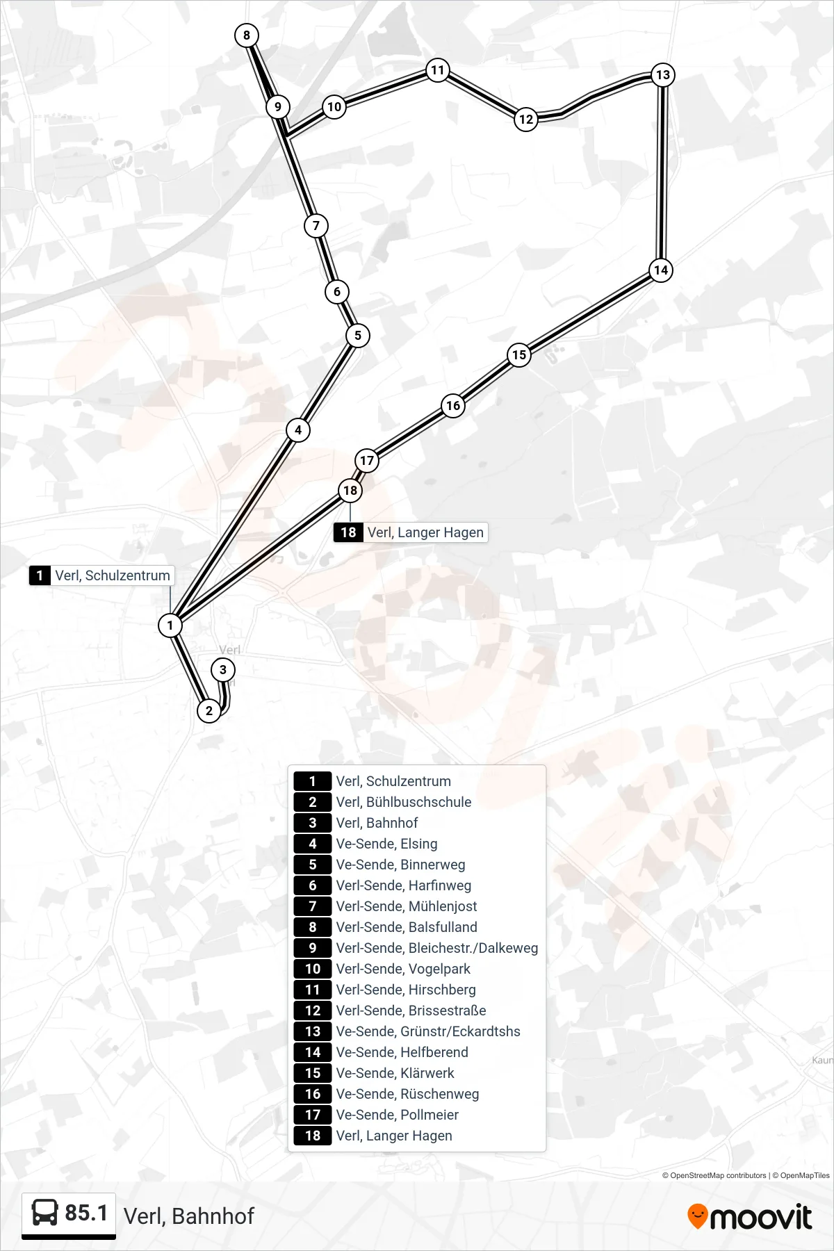 Linie 85.1 (Bus) Richtung Verl, Bahnhof: Route und Haltestellen auf der Karte