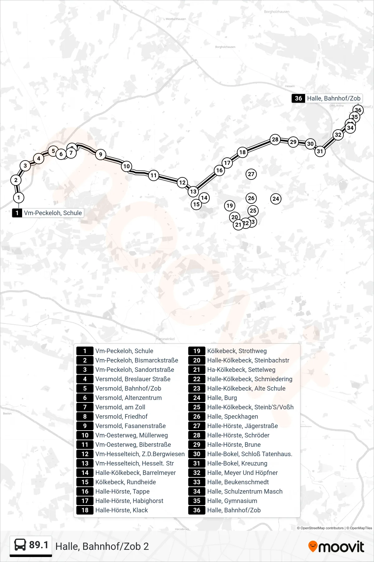 89.1 bus Line (Halle, Bahnhof/Zob 2) route and stops on a map