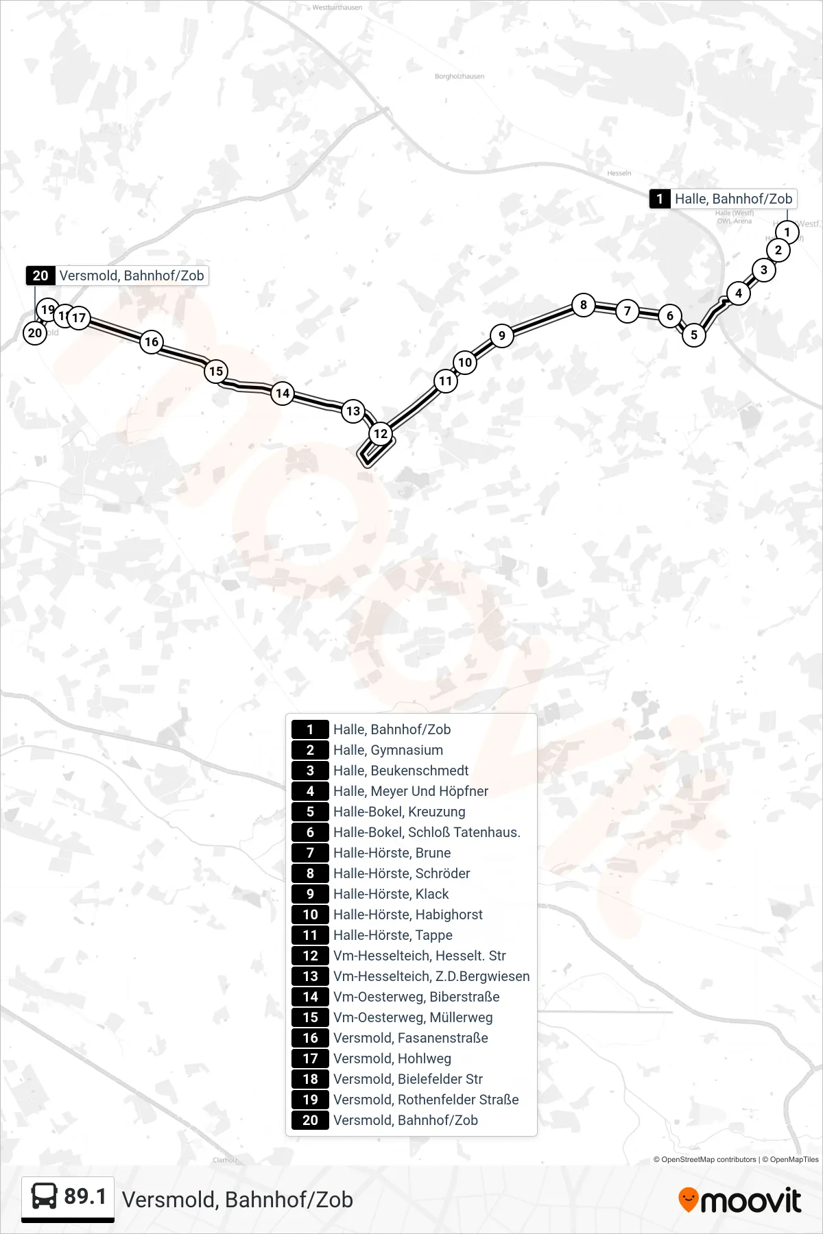 Linie 89.1 (Bus) Richtung Versmold, Bahnhof/Zob: Route und Haltestellen auf der Karte