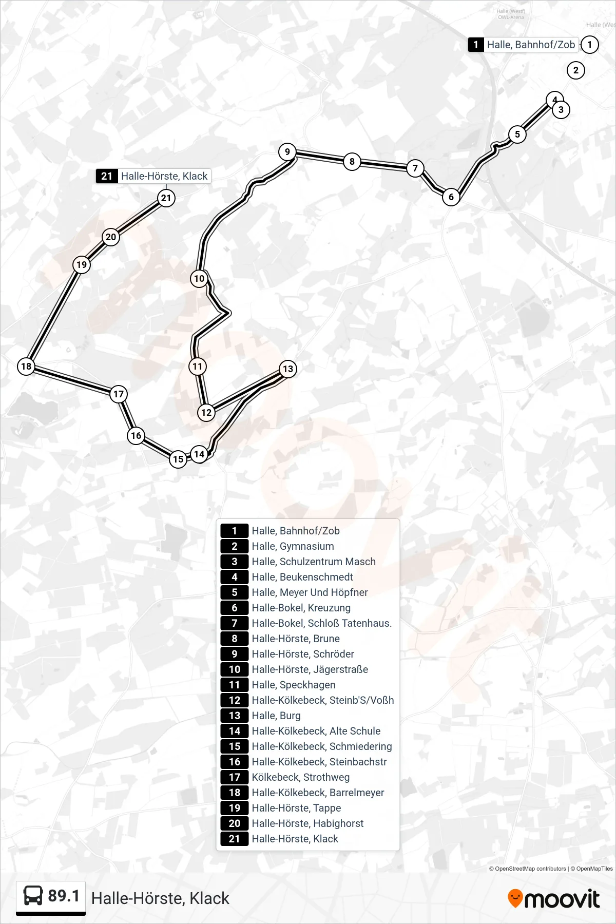 89.1 bus Line (Halle-Hörste, Klack) route and stops on a map