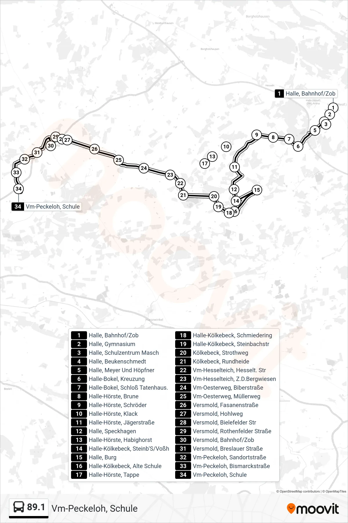 89.1 bus Line (Vm-Peckeloh, Schule) route and stops on a map
