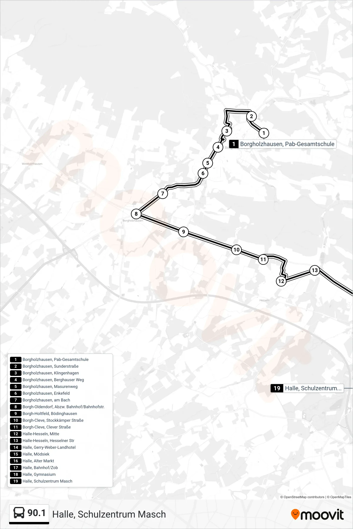 90.1 bus Line (Halle, Schulzentrum Masch) route and stops on a map