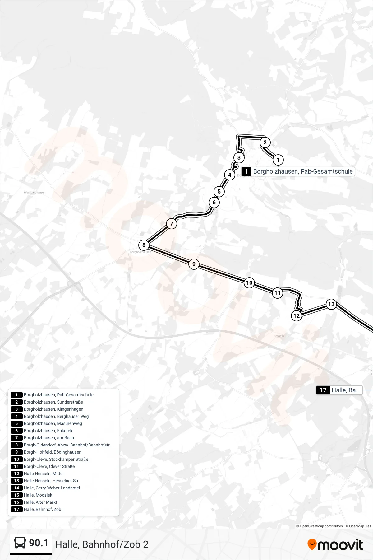 90.1 bus Line (Halle, Bahnhof/Zob 2) route and stops on a map