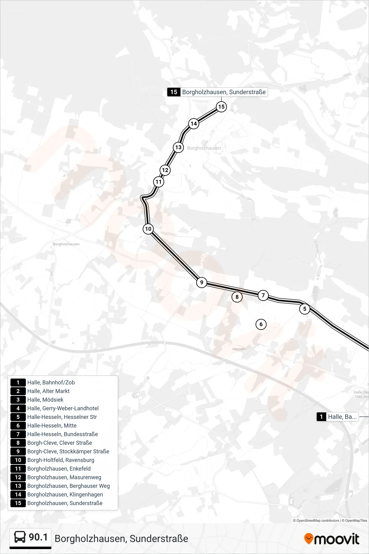 90.1 bus Line (Borgholzhausen, Sunderstraße) route and stops on a map