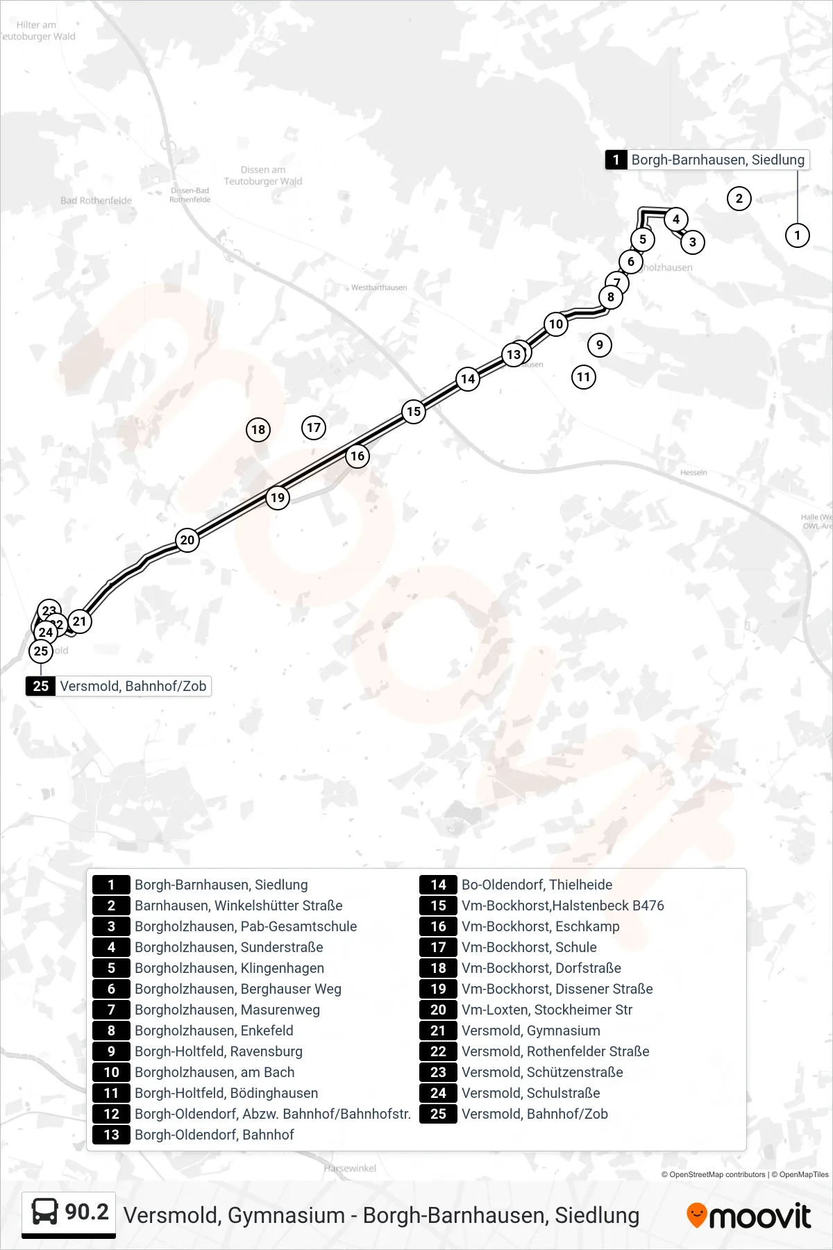 Linie 90.2 (Bus) Richtung Versmold, Bahnhof/Zob: Route und Haltestellen auf der Karte
