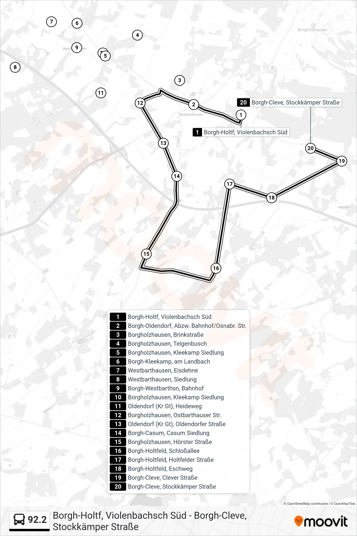 92.2 bus Line (Borgh-Cleve, Stockkämper Straße) route and stops on a map