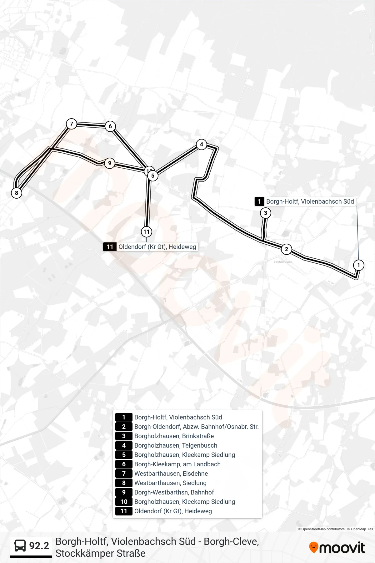 92.2 bus Line (Oldendorf (Kr Gt), Heideweg) route and stops on a map