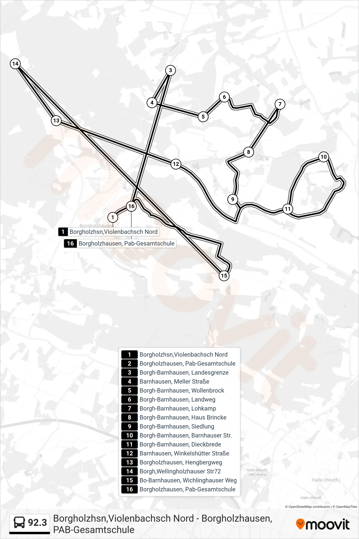 92.3 bus Line (Borgholzhausen, Pab-Gesamtschule) route and stops on a map
