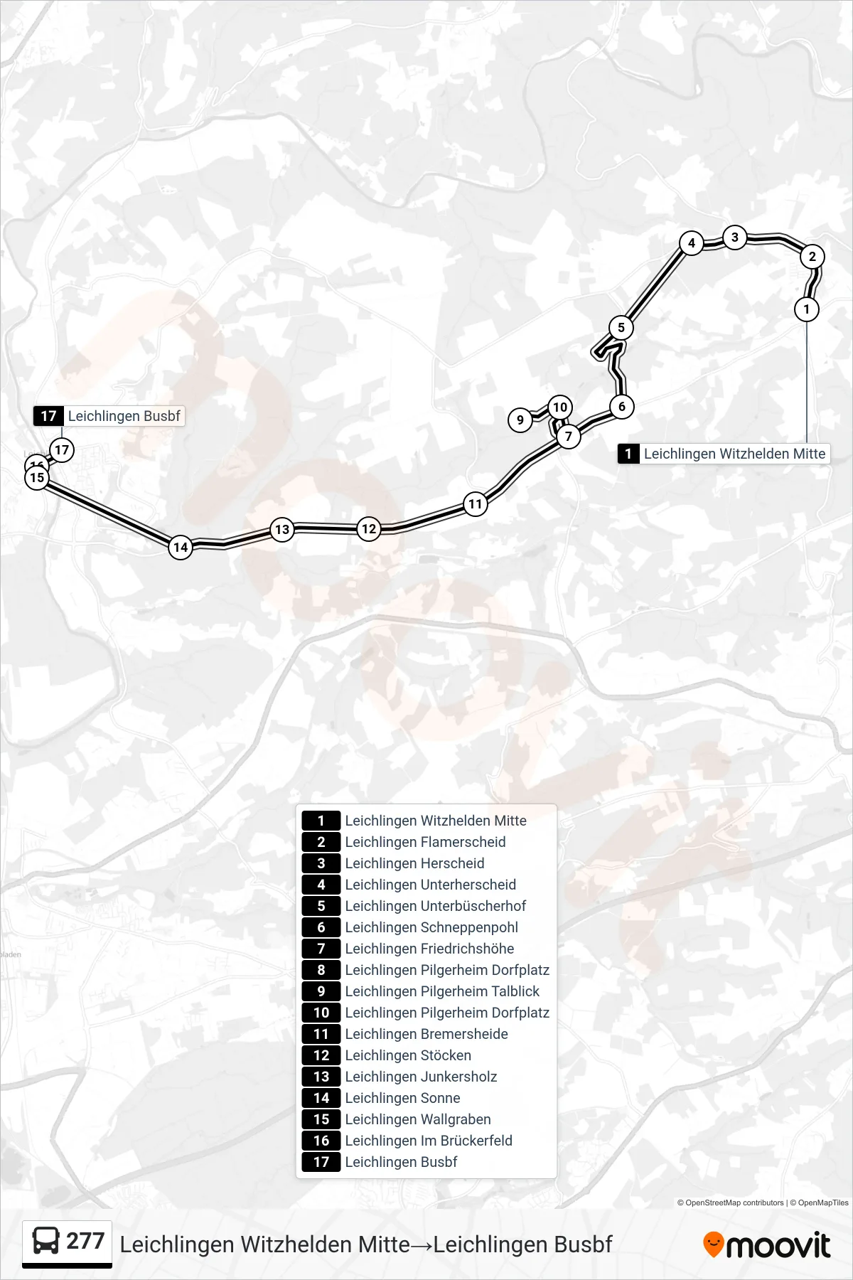 Linie 277 (Bus) Richtung Leichlingen Witzhelden Mitte→Leichlingen Busbf: Route und Haltestellen auf der Karte