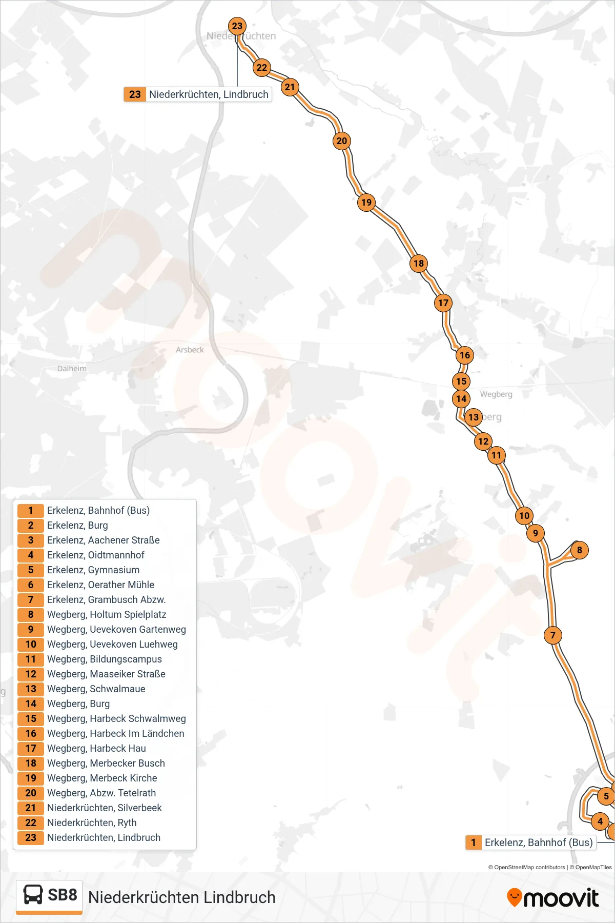 Linie SB8 (Bus) Richtung Niederkrüchten Lindbruch: Route und Haltestellen auf der Karte