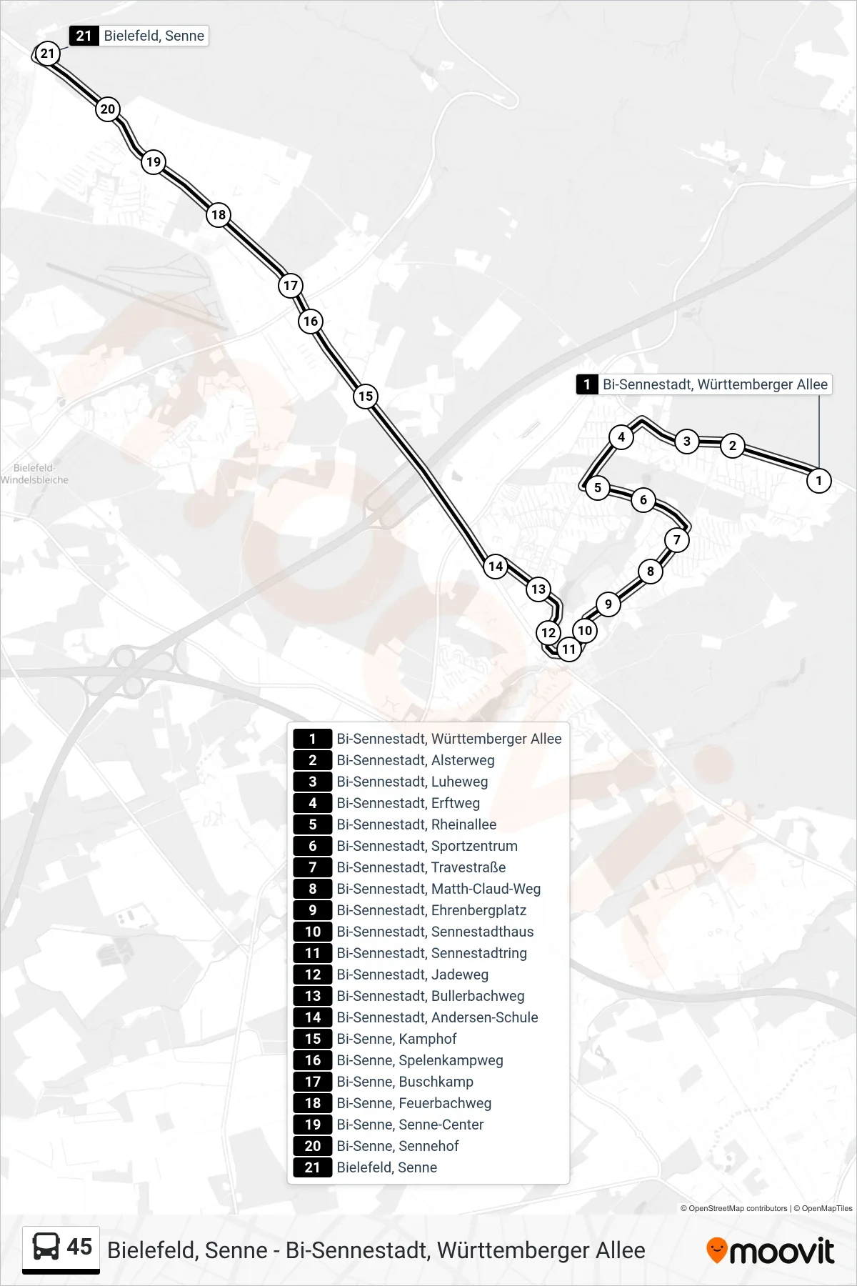 Linie 45 (Bus) Richtung Bielefeld, Senne: Route und Haltestellen auf der Karte