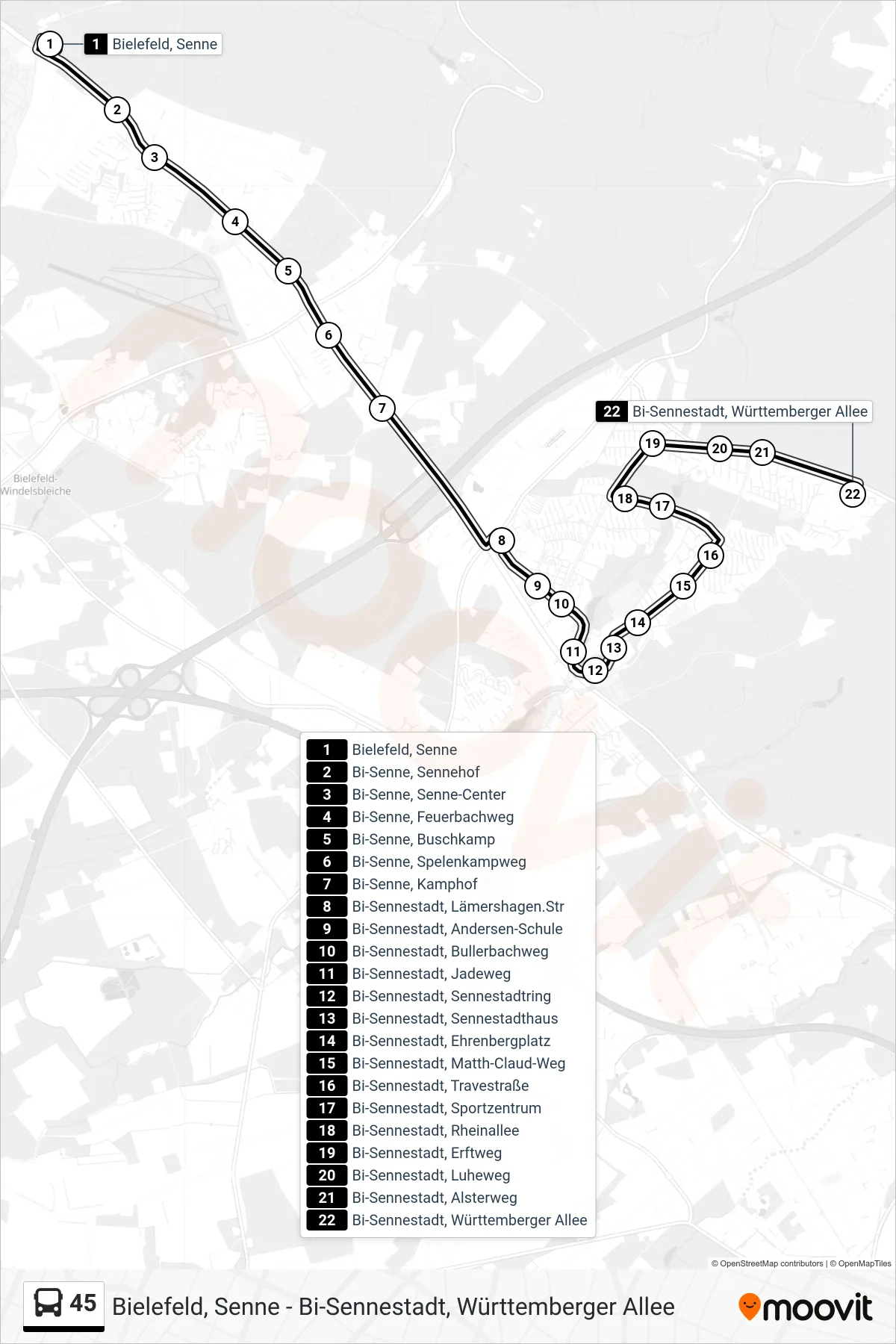 Linie 45 (Bus) Richtung Bi-Sennestadt, Württemberger Allee: Route und Haltestellen auf der Karte
