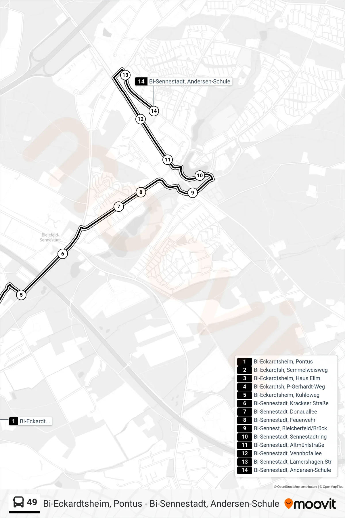 Linie 49 (Bus) Richtung Bi-Sennestadt, Andersen-Schule: Route und Haltestellen auf der Karte