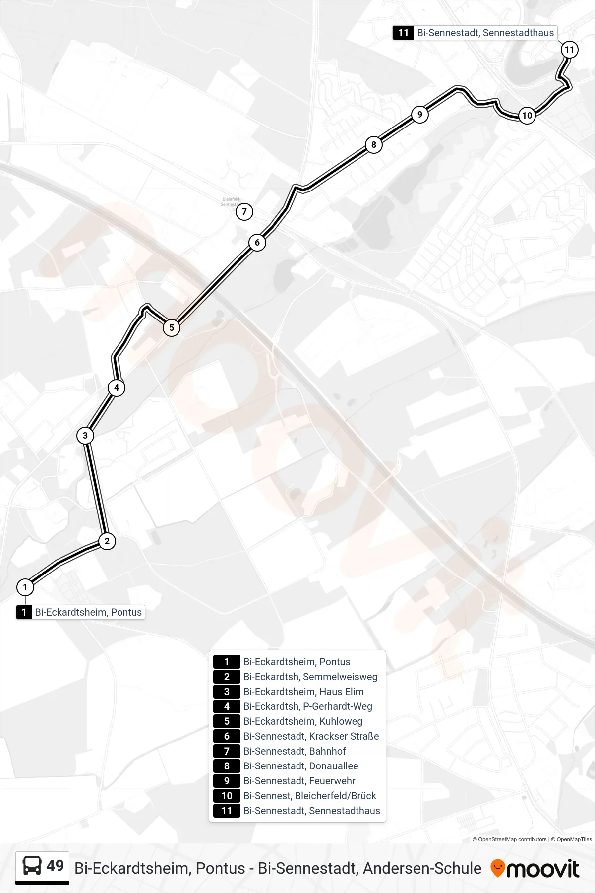 Linie 49 (Bus) Richtung Bi-Sennestadt, Sennestadthaus: Route und Haltestellen auf der Karte