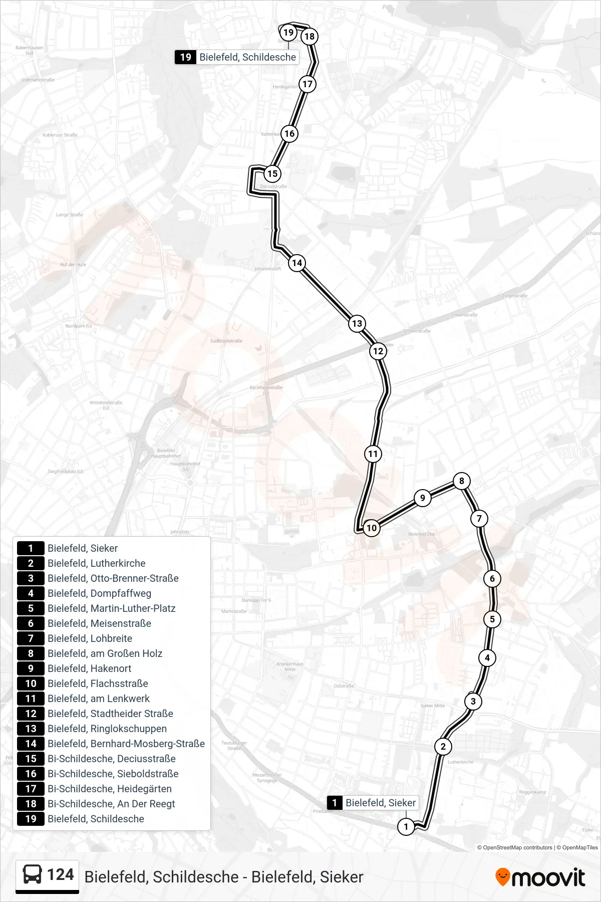 Linie 124 (Bus) Richtung Bielefeld, Schildesche: Route und Haltestellen auf der Karte