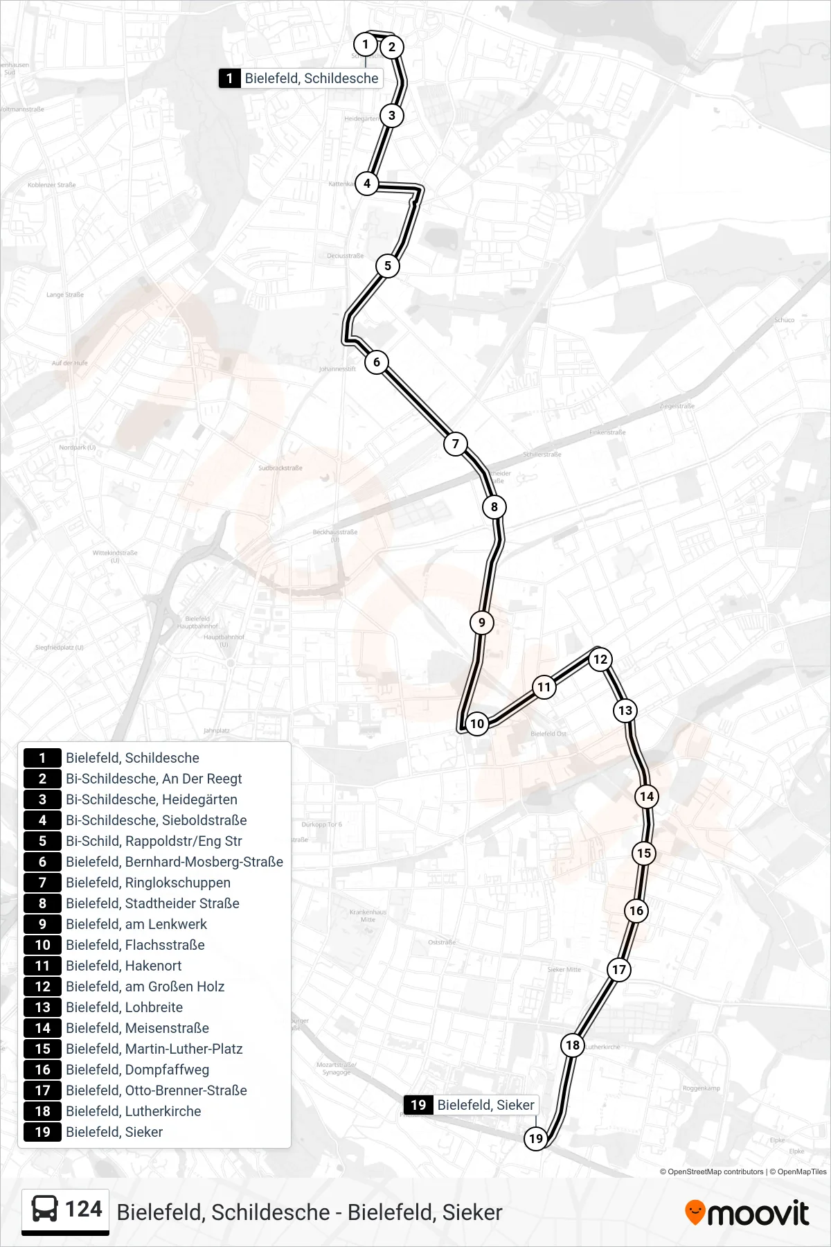 124 bus Line (Bielefeld, Sieker) route and stops on a map