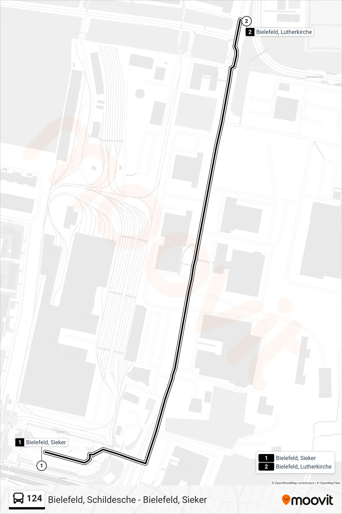 Linie 124 (Bus) Richtung Bielefeld, Lutherkirche: Route und Haltestellen auf der Karte