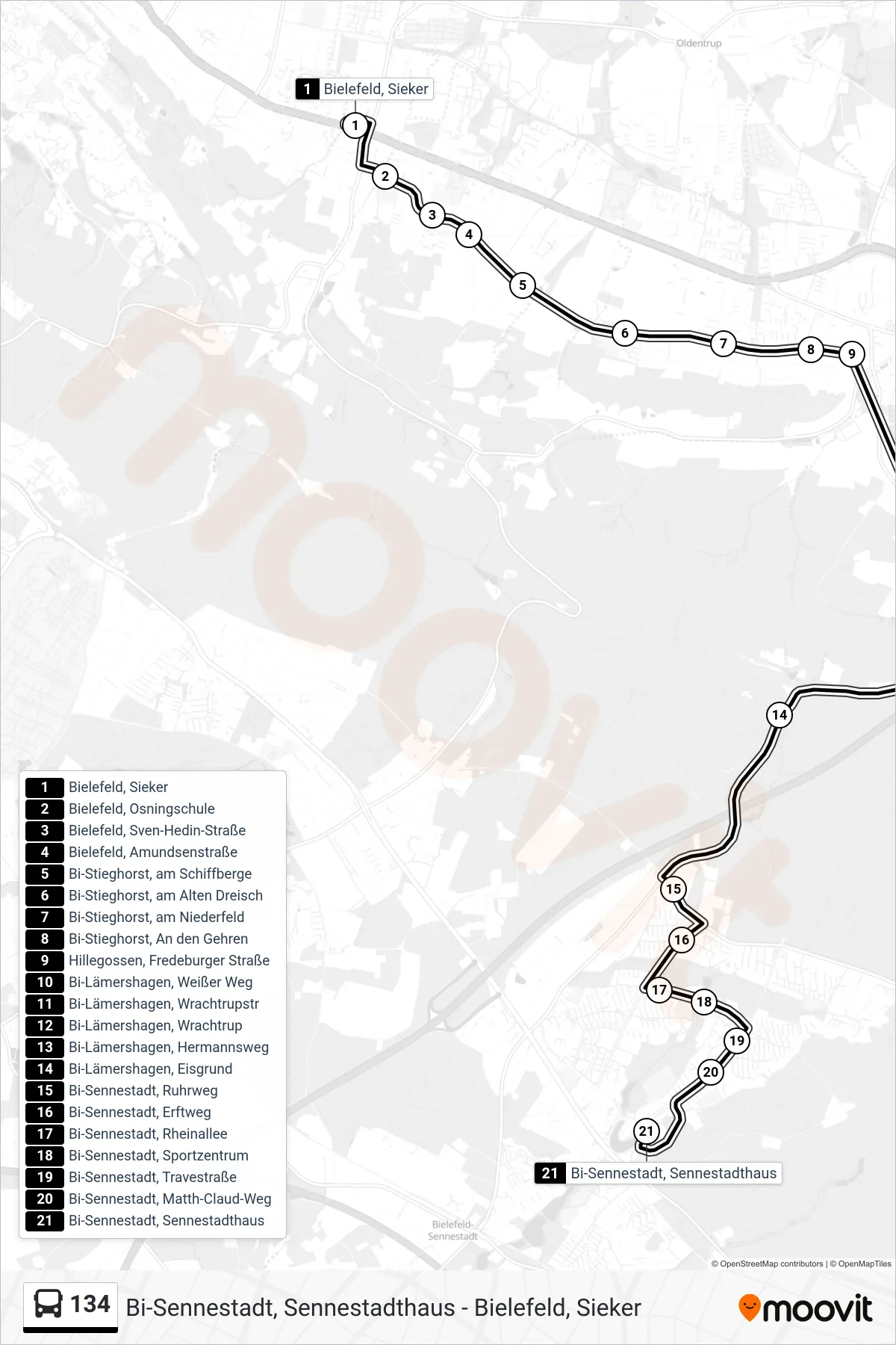 134 bus Line (Bi-Sennestadt, Sennestadthaus) route and stops on a map