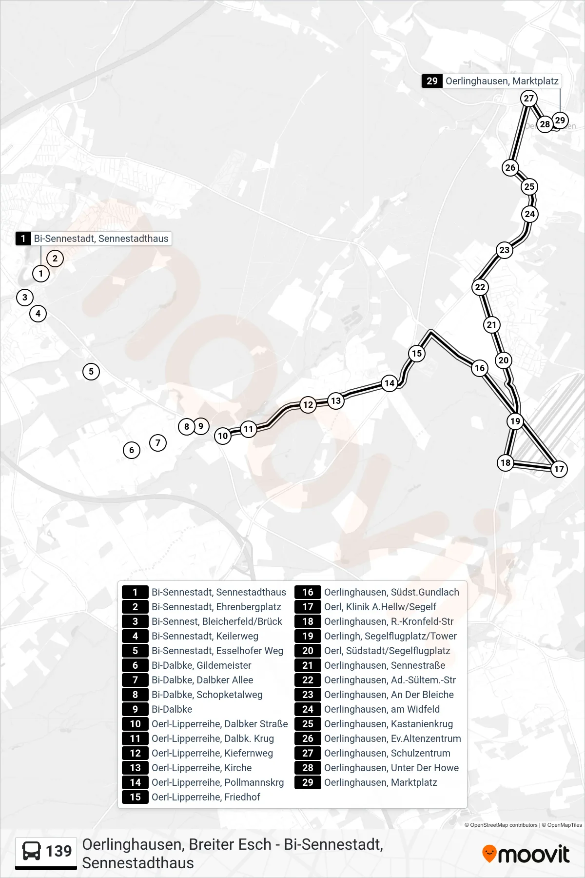 Linie 139 (Bus) Richtung Oerlinghausen, Marktplatz: Route und Haltestellen auf der Karte