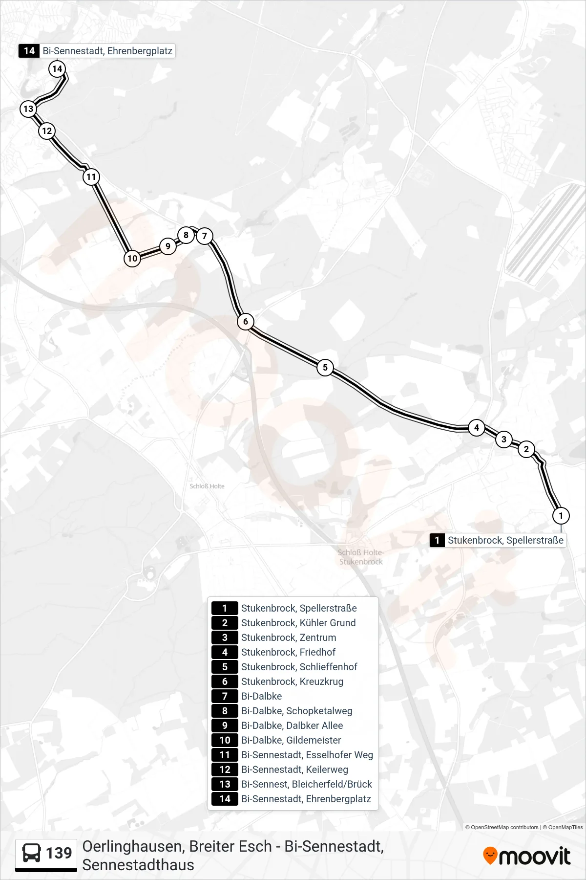 139 bus Line (Bi-Sennestadt, Ehrenbergplatz) route and stops on a map