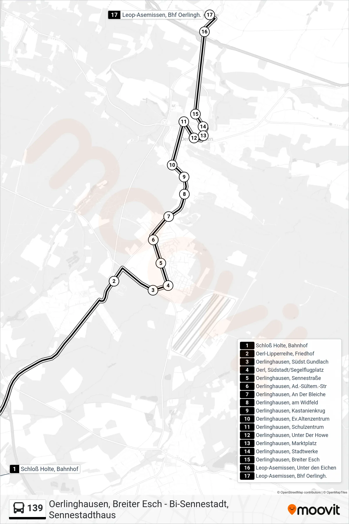 139 bus Line (Leop-Asemissen, Bhf Oerlingh.) route and stops on a map