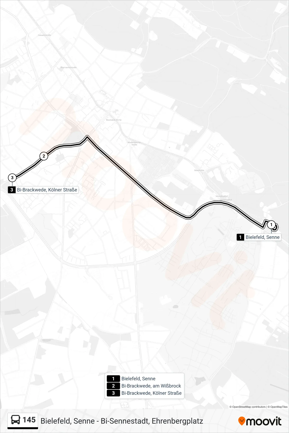 145 bus Line (Bi-Brackwede, Kölner Straße) route and stops on a map
