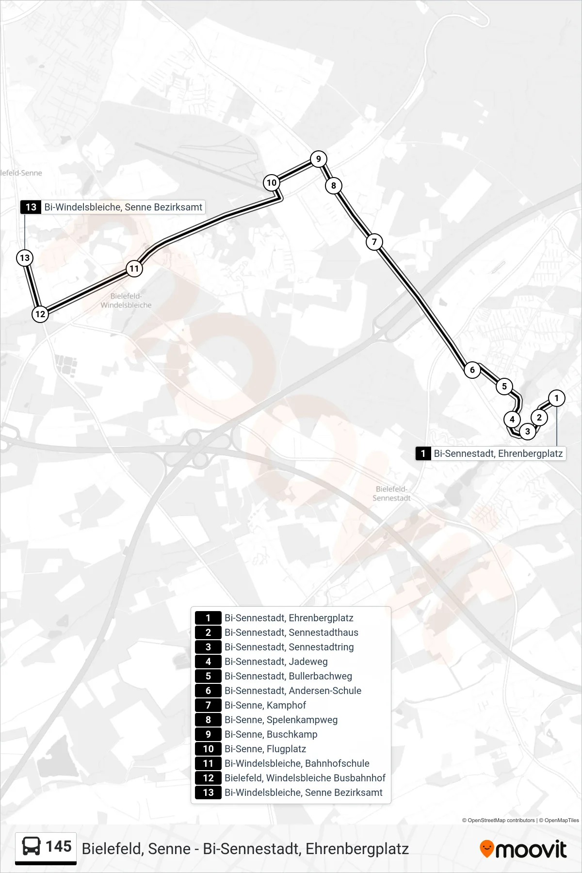Linie 145 (Bus) Richtung Bi-Windelsbleiche, Senne Bezirksamt: Route und Haltestellen auf der Karte