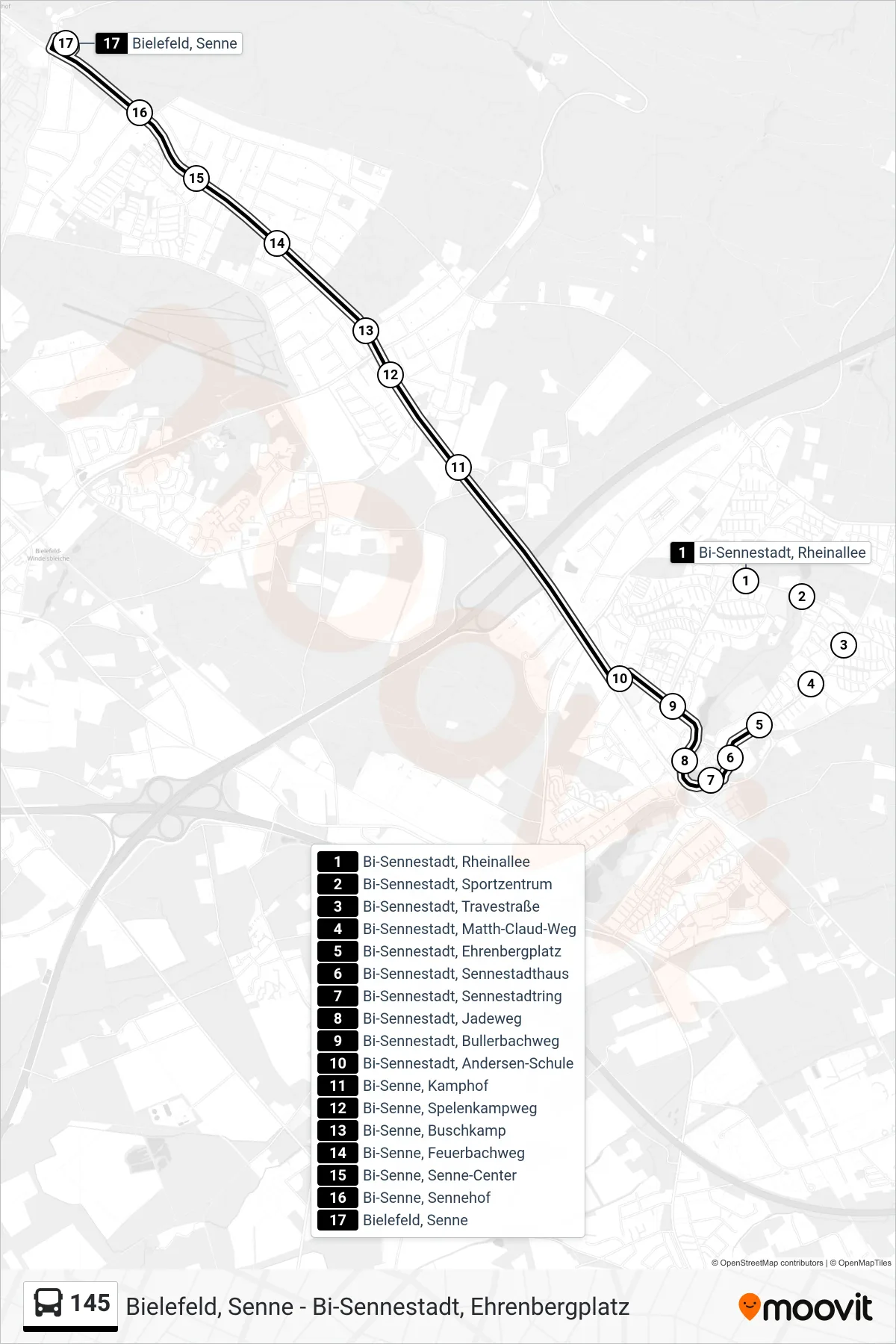 Linie 145 (Bus) Richtung Bielefeld, Senne: Route und Haltestellen auf der Karte