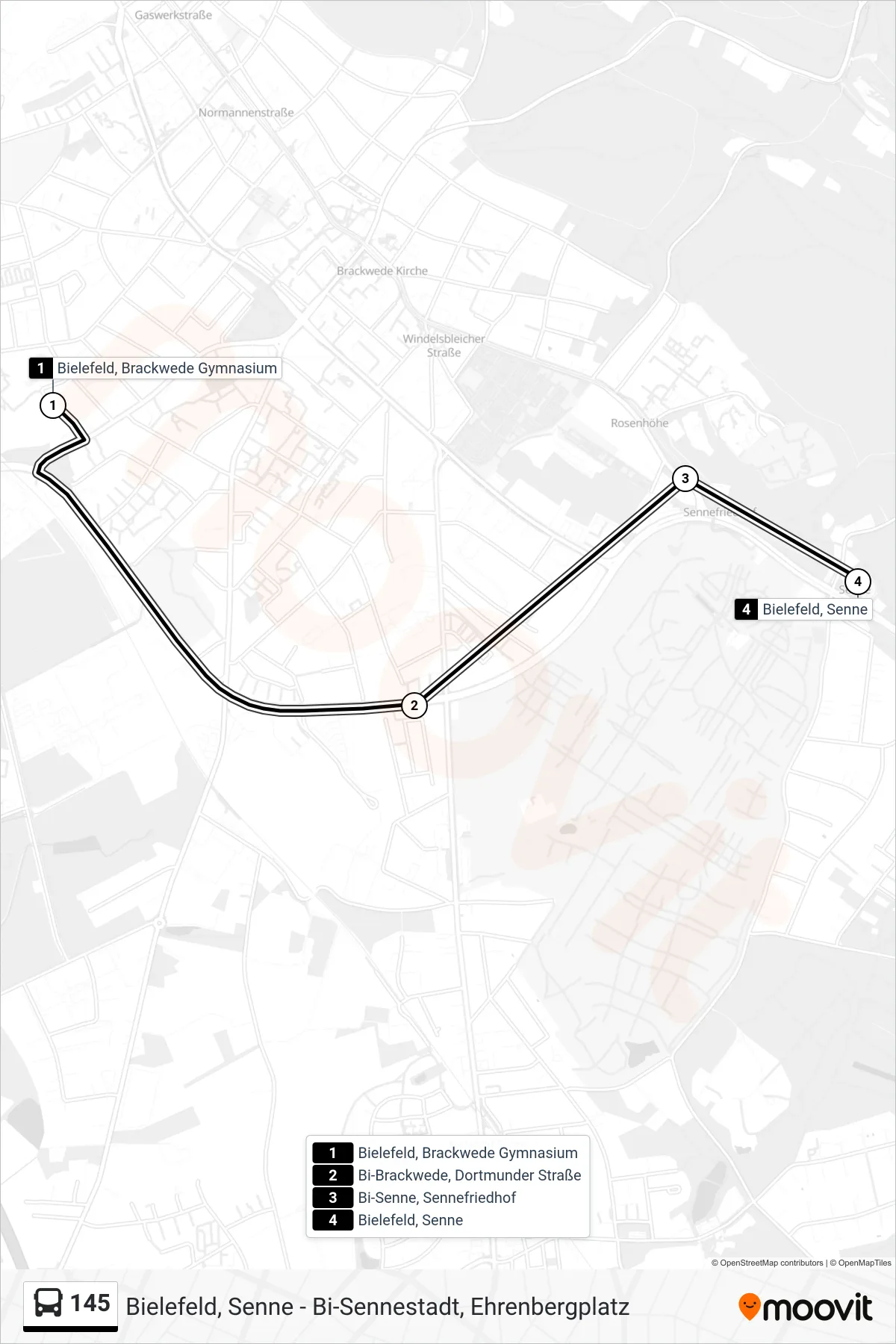 Linie 145 (Bus) Richtung Bielefeld, Senne: Route und Haltestellen auf der Karte