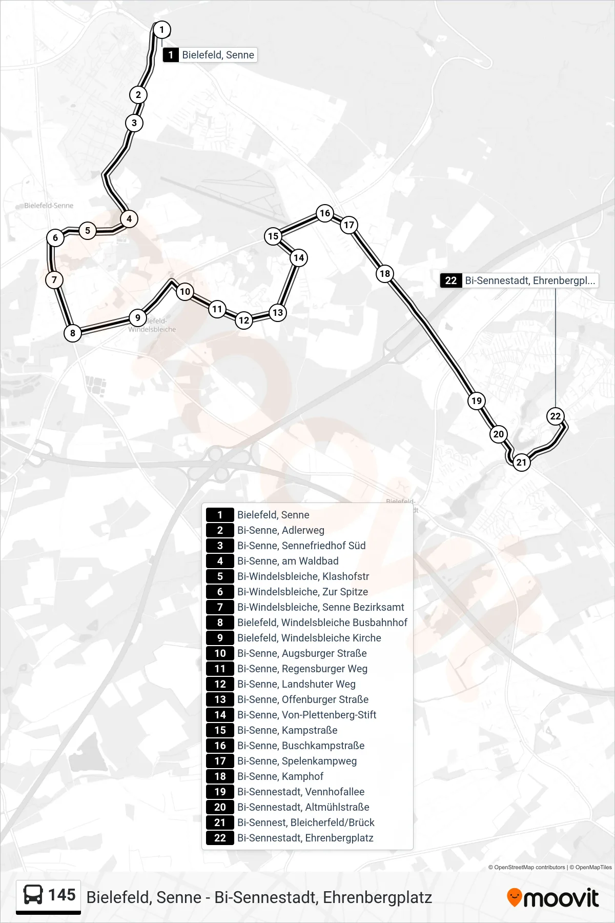Linie 145 (Bus) Richtung Bi-Sennestadt, Ehrenbergplatz: Route und Haltestellen auf der Karte