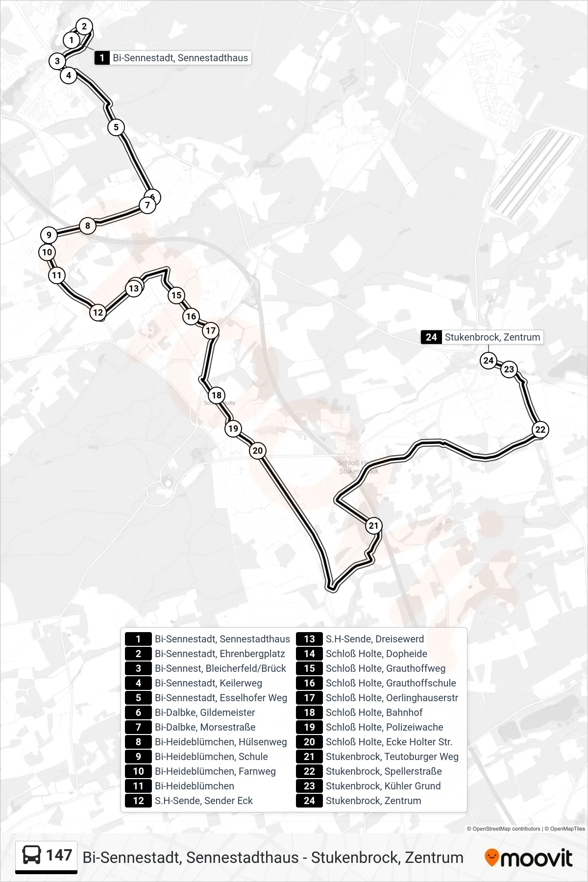 147 bus Line (Stukenbrock, Zentrum) route and stops on a map