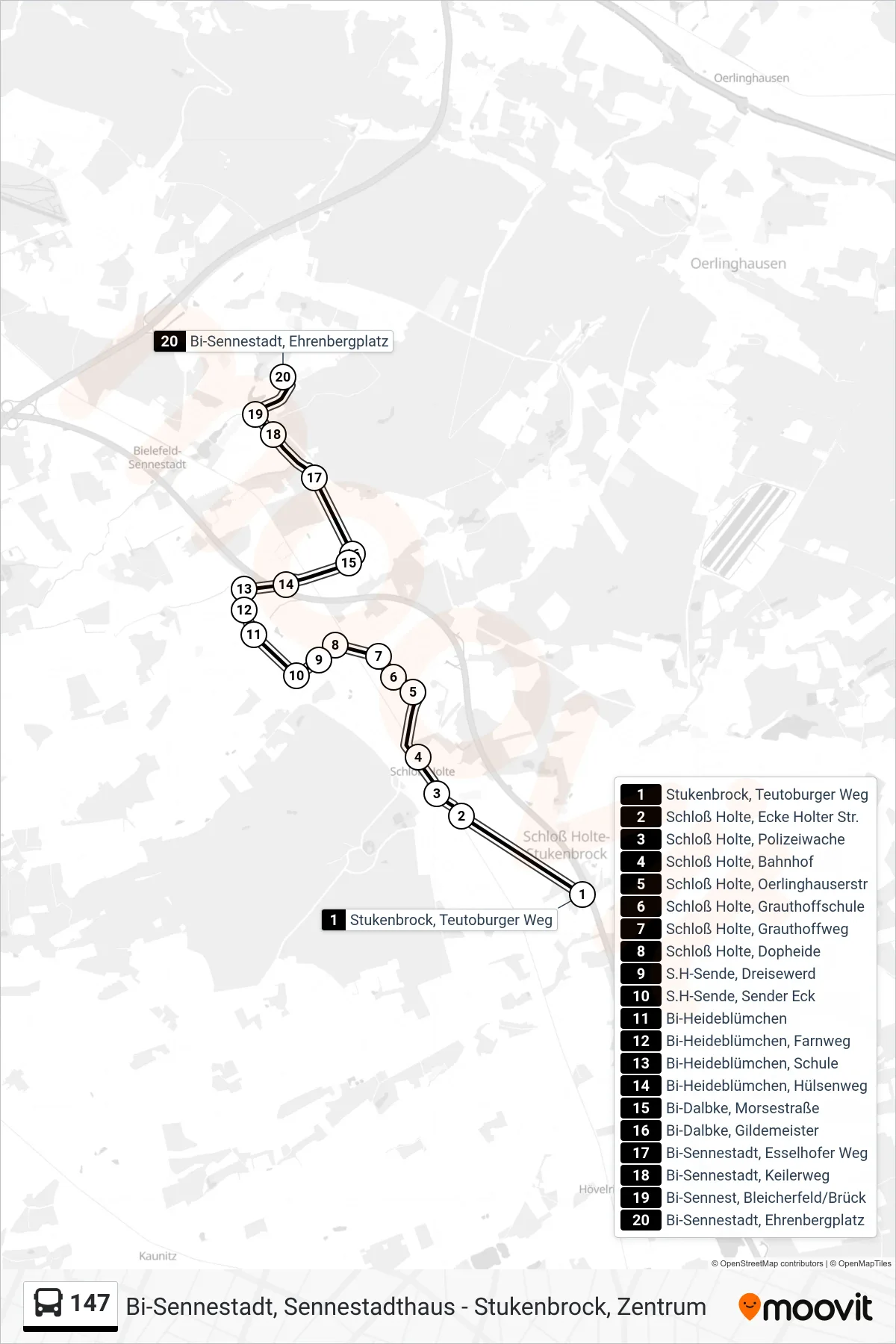 Linie 147 (Bus) Richtung Bi-Sennestadt, Ehrenbergplatz: Route und Haltestellen auf der Karte